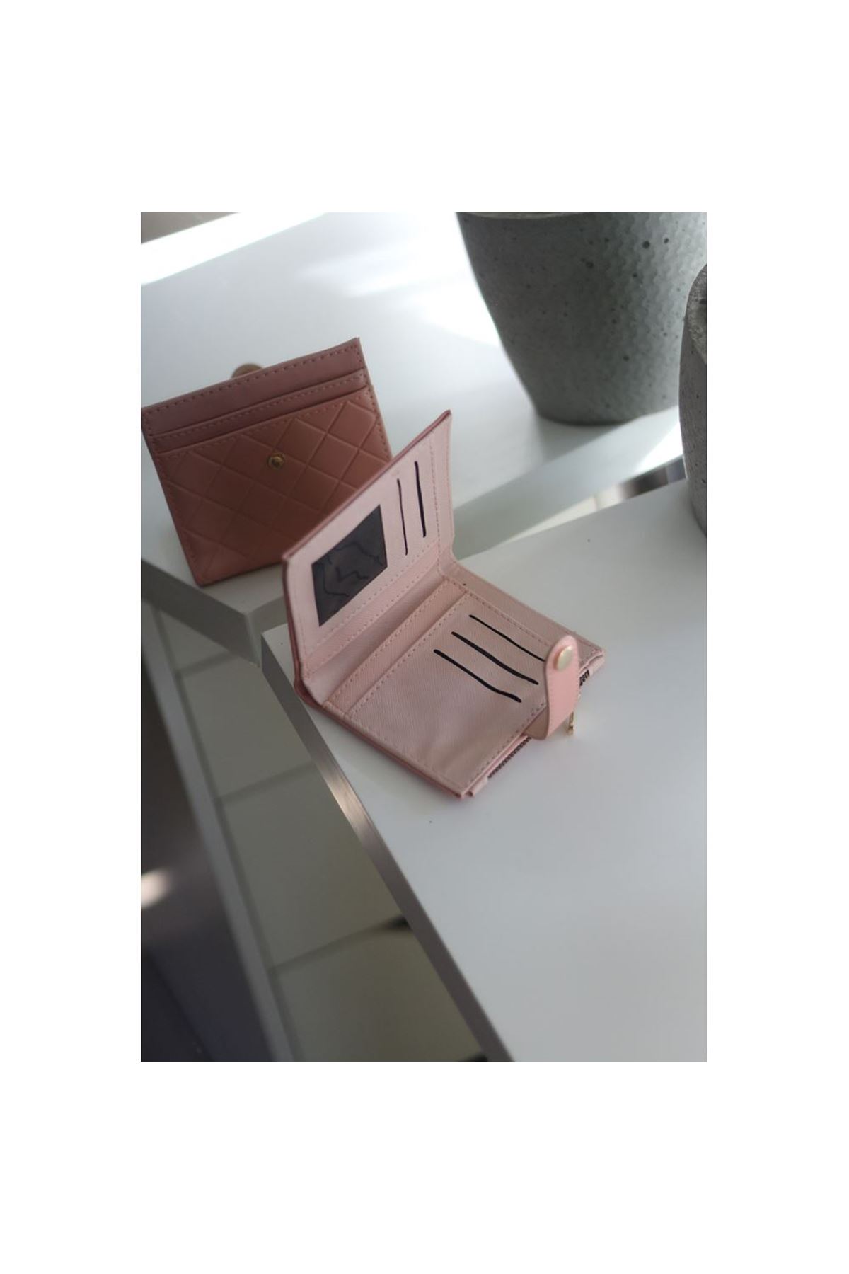 Kadın Pudra Kare Baklava Desenli Mini Kartlık Cüzdan