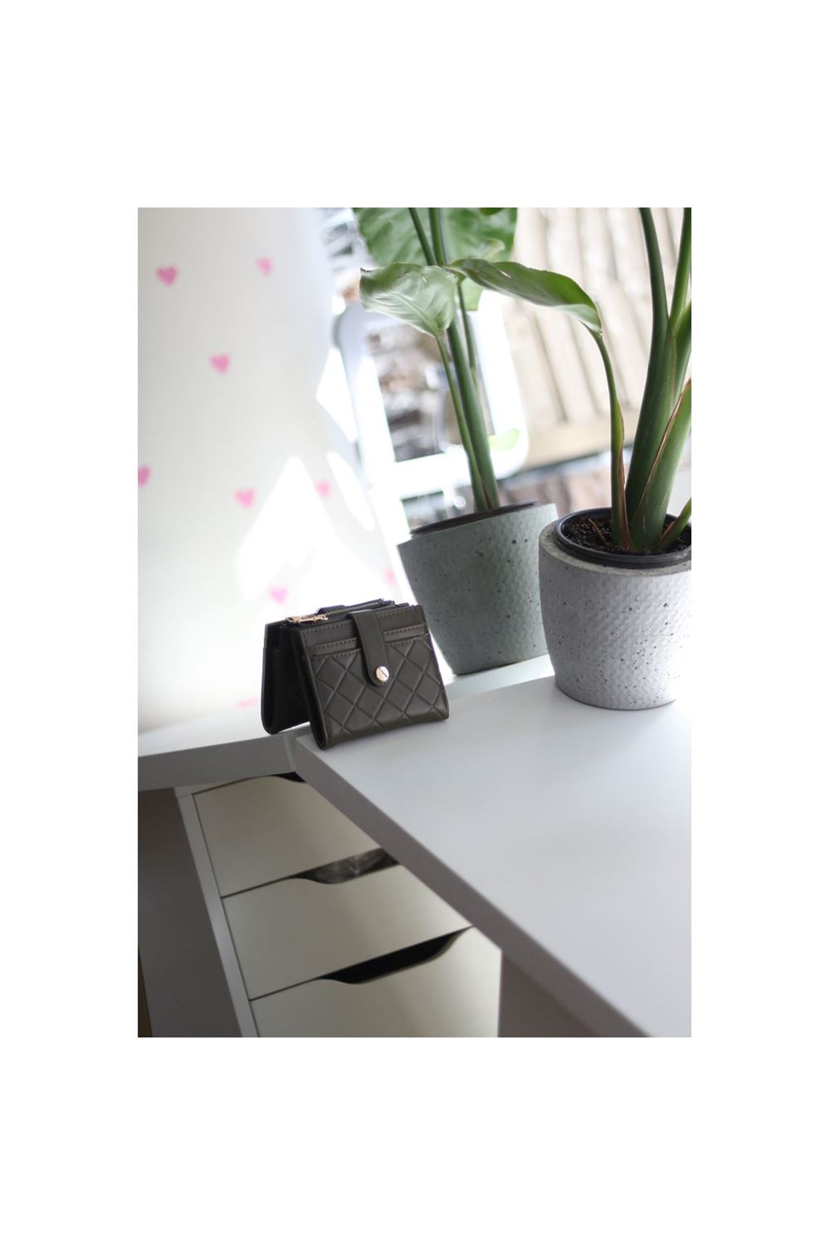 Kadın Haki Yeşili Kare Baklava Desenli Mini Kartlık Cüzdan