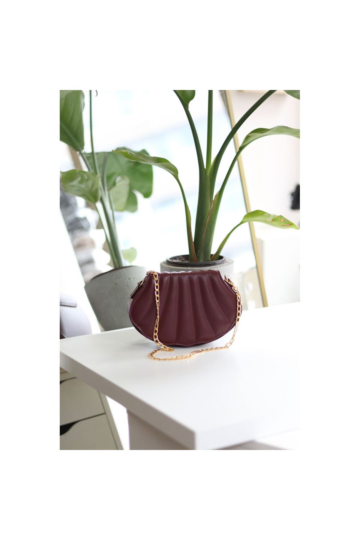 Kadın Bordo İstiridye Kalıp Zincirli El Omuz Çantası