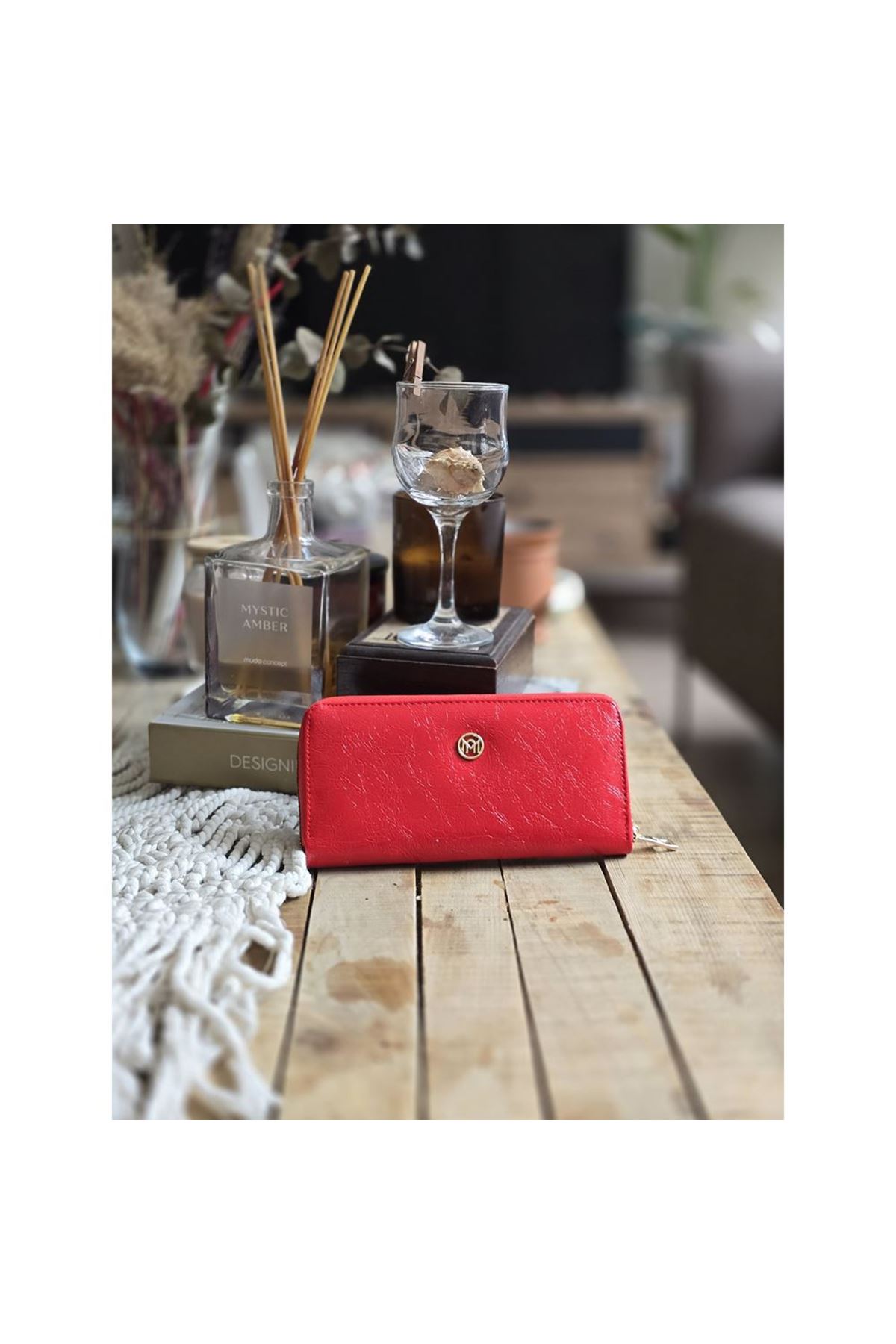 Kırmızı Dokulu Slim Kartlık Detaylı Cüzdan
