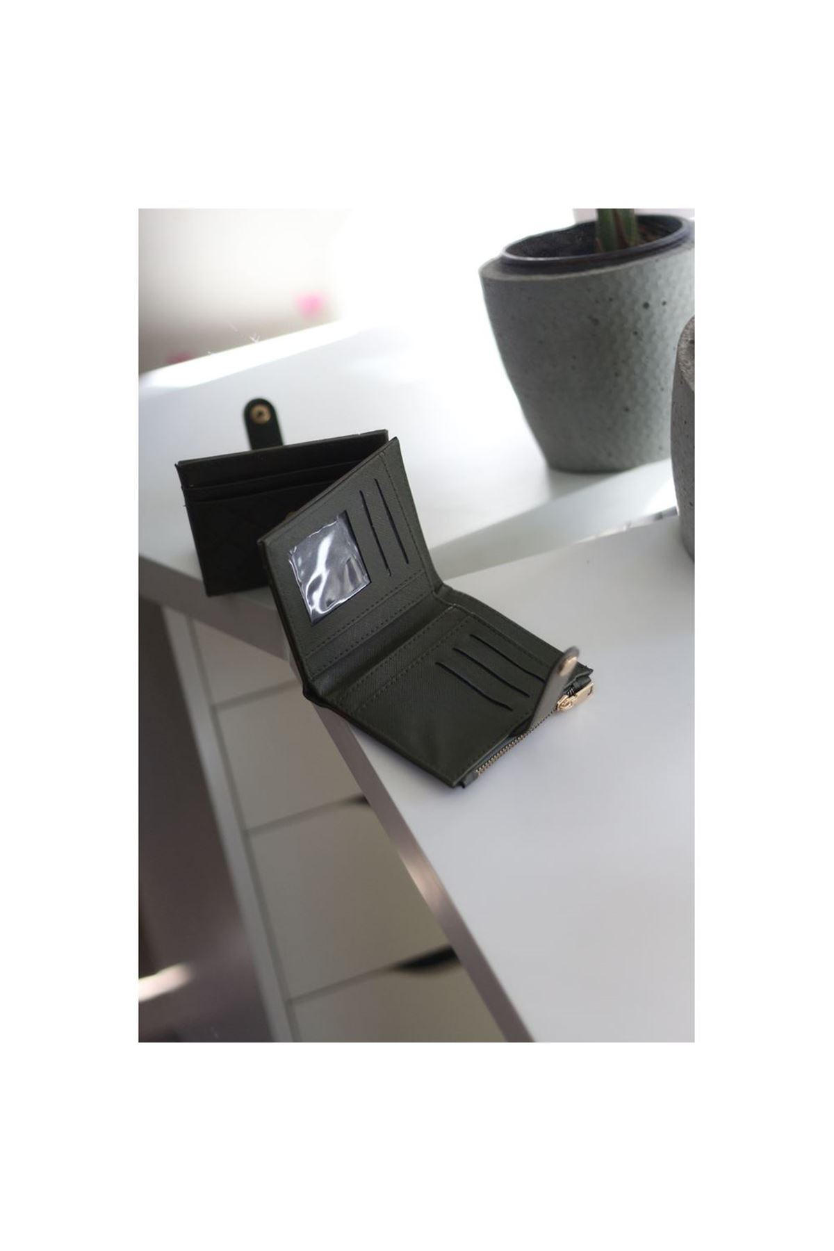 Kadın Haki Yeşili Kare Baklava Desenli Mini Kartlık Cüzdan