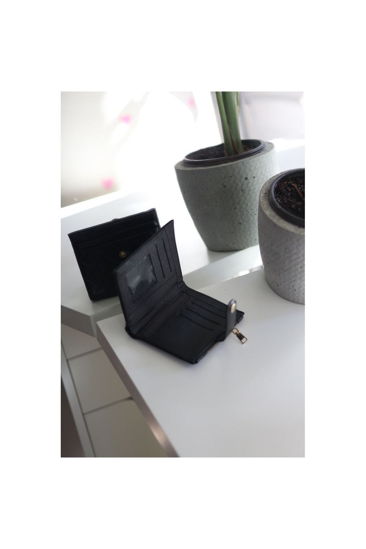 Kadın Siyah Kare Baklava Desenli Mini Kartlk Cüzdan