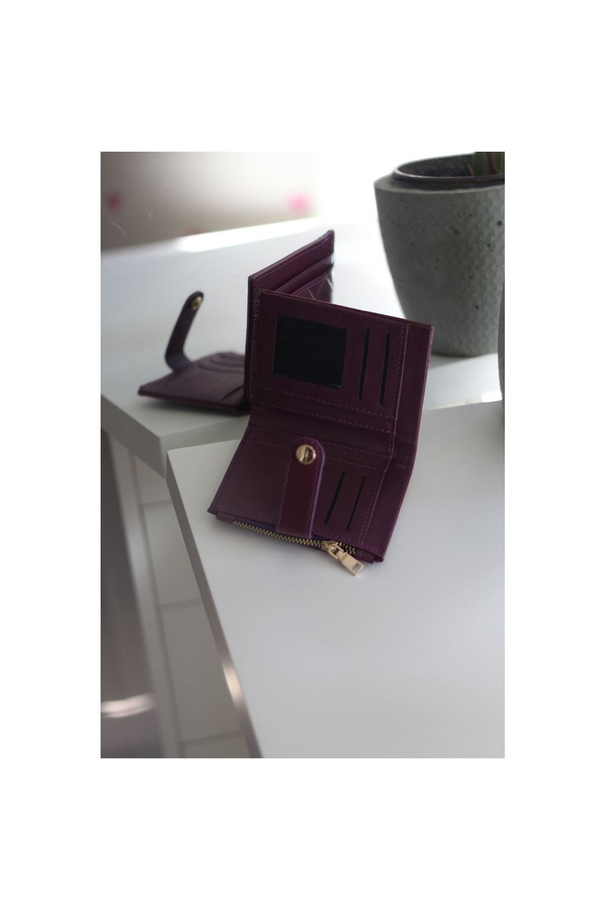 Kadın Mor Kare Baklava Desenli Mini Kartlık Cüzdan