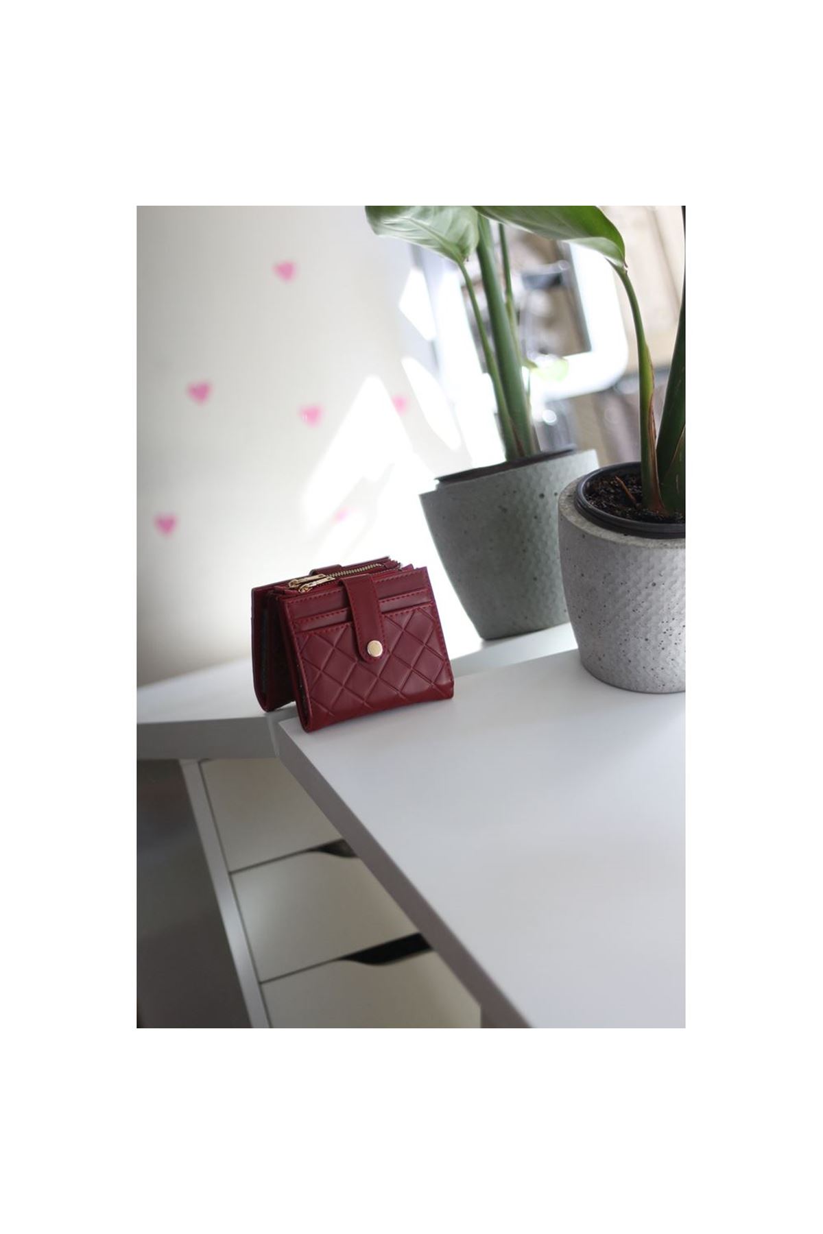 Kadın Koyu Kırmızı Kare Baklava Desenli Mini Kartlık Cüzdan