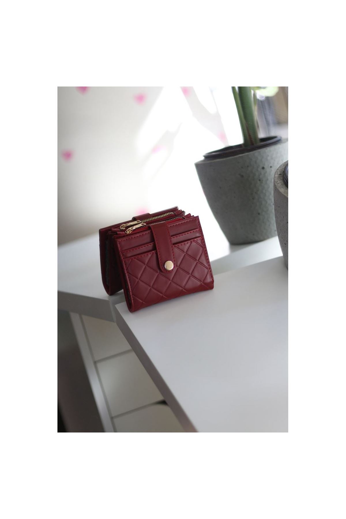Kadın Koyu Kırmızı Kare Baklava Desenli Mini Kartlık Cüzdan