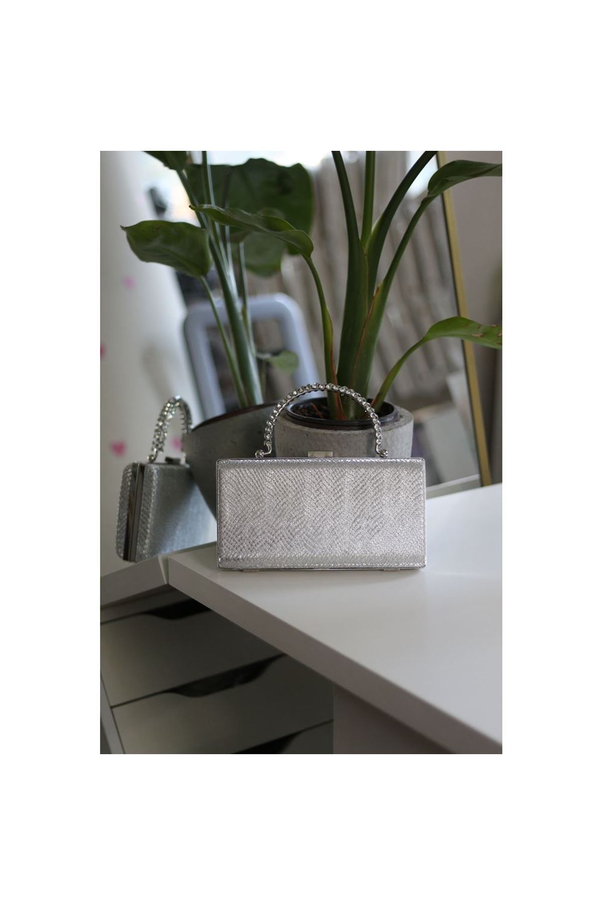 Silver Desenli Taş Kulplu Burslu Abiye El Çantası