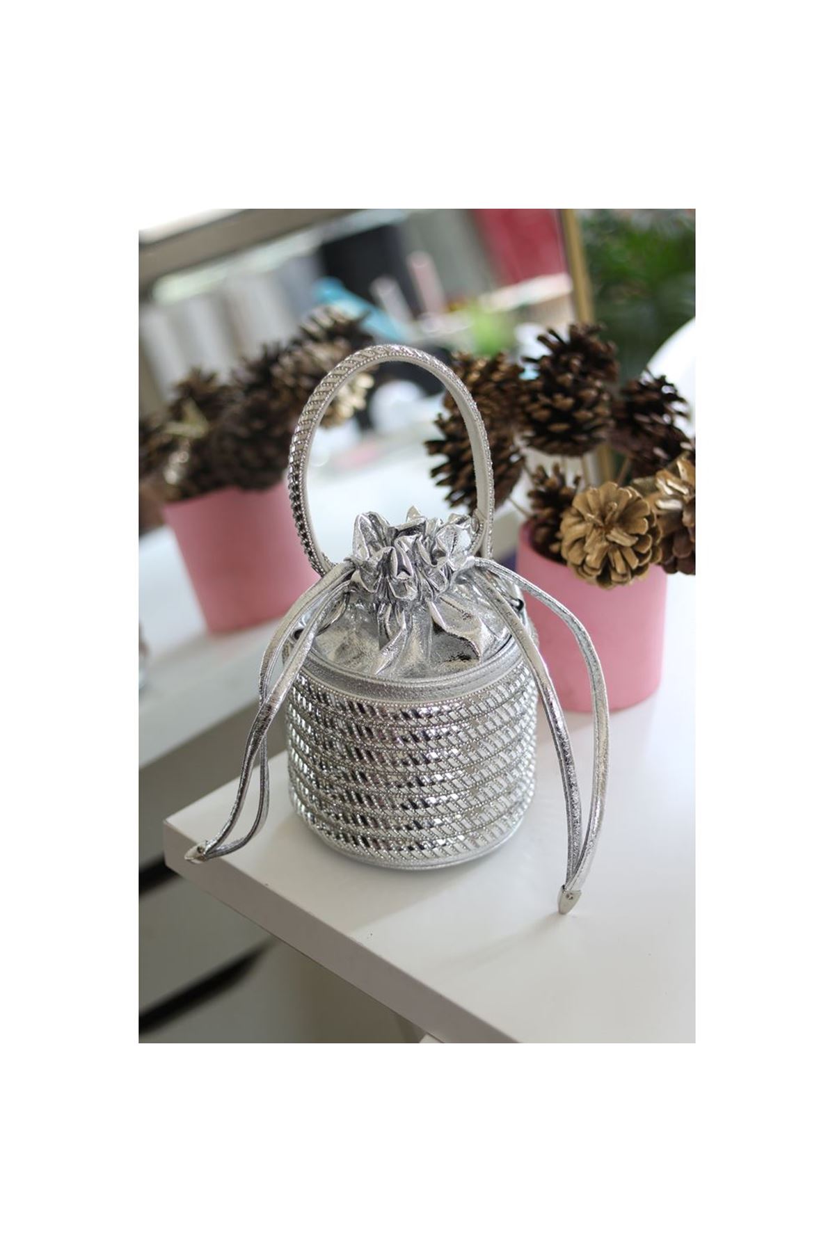 Kadın Silver Özel Form Çapraz Taş İşleme Abiye Çanta