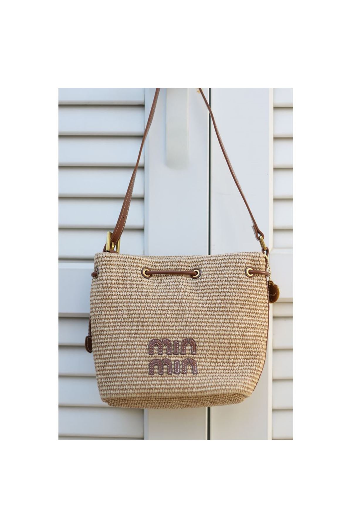 Kadın Camel Hasır Doku Bohça Form Omuz Çantası