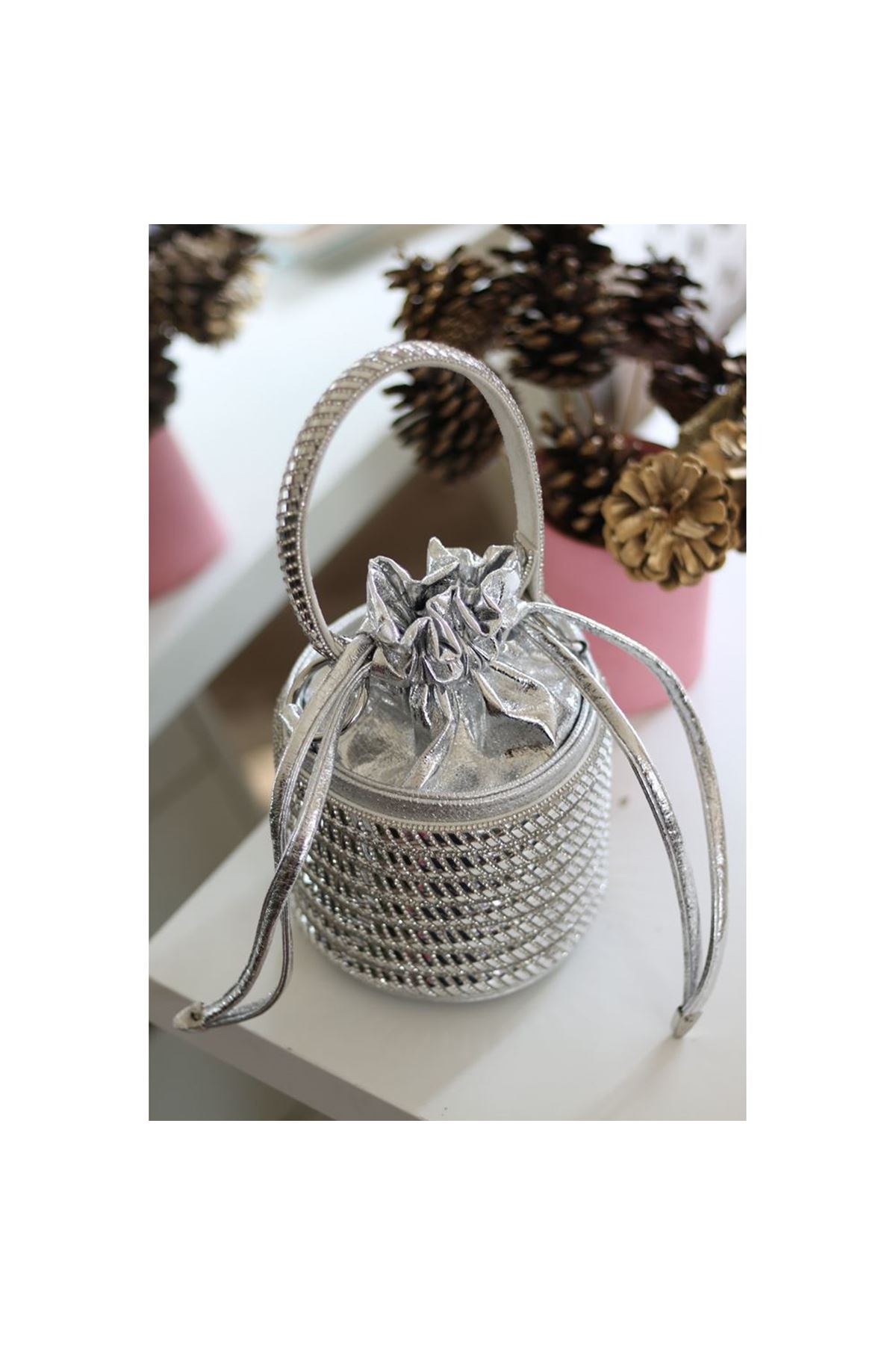 Kadın Silver Özel Form Çapraz Taş İşleme Abiye Çanta