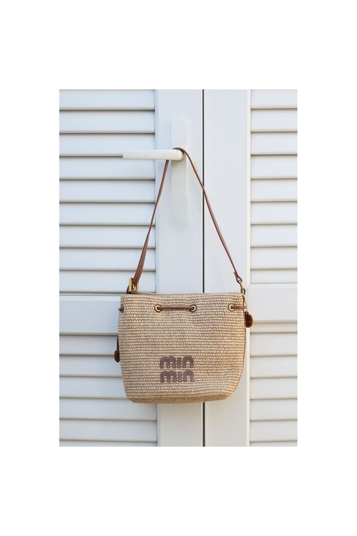 Kadın Camel Hasır Doku Bohça Form Omuz Çantası