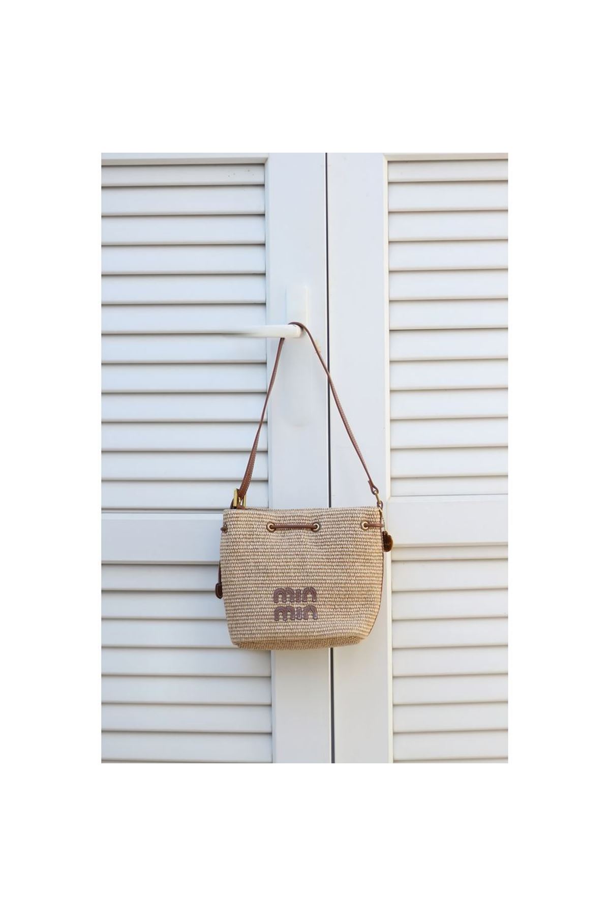 Kadın Camel Hasır Doku Bohça Form Omuz Çantası