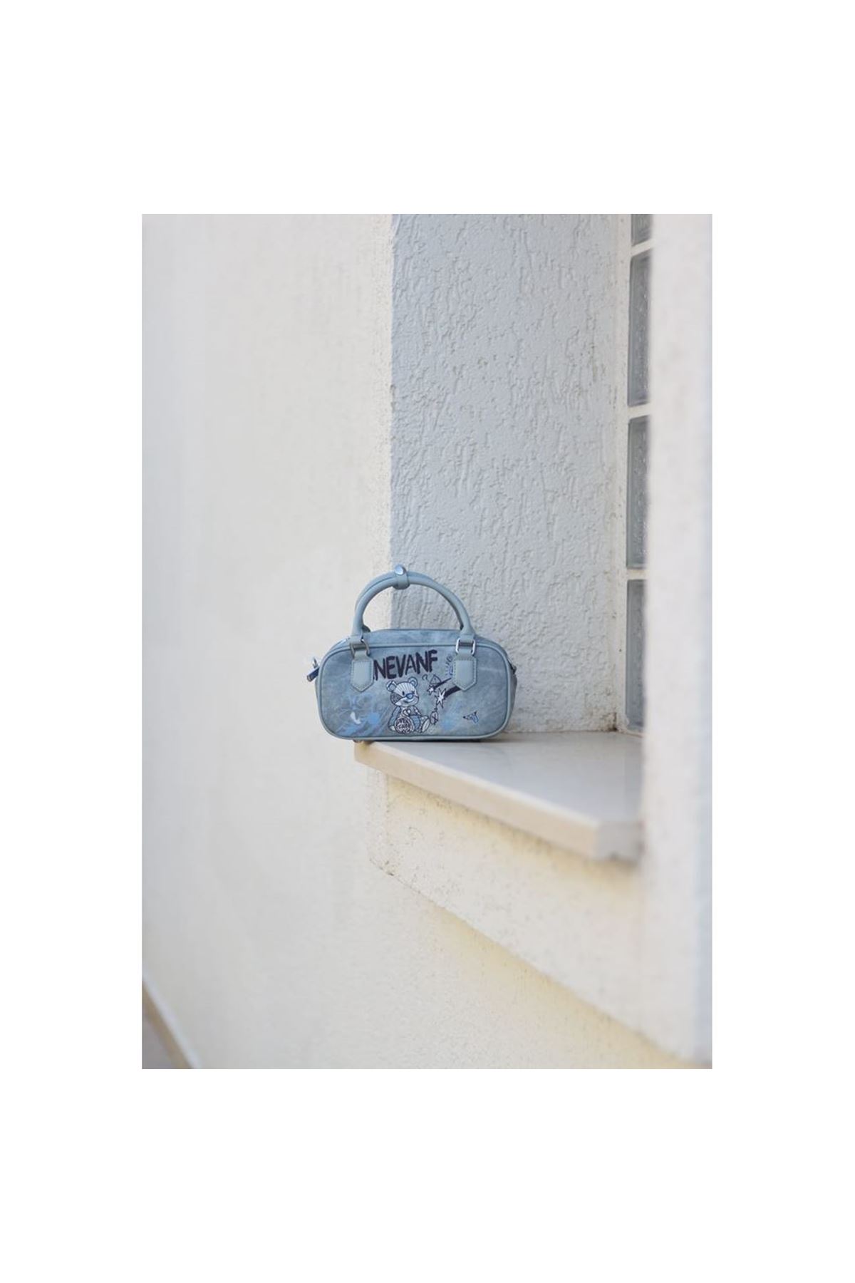 Kadın Mavi Kot Kumaş Özel Baskılı Çift Kulplu El &amp;amp; Omuz Çantası