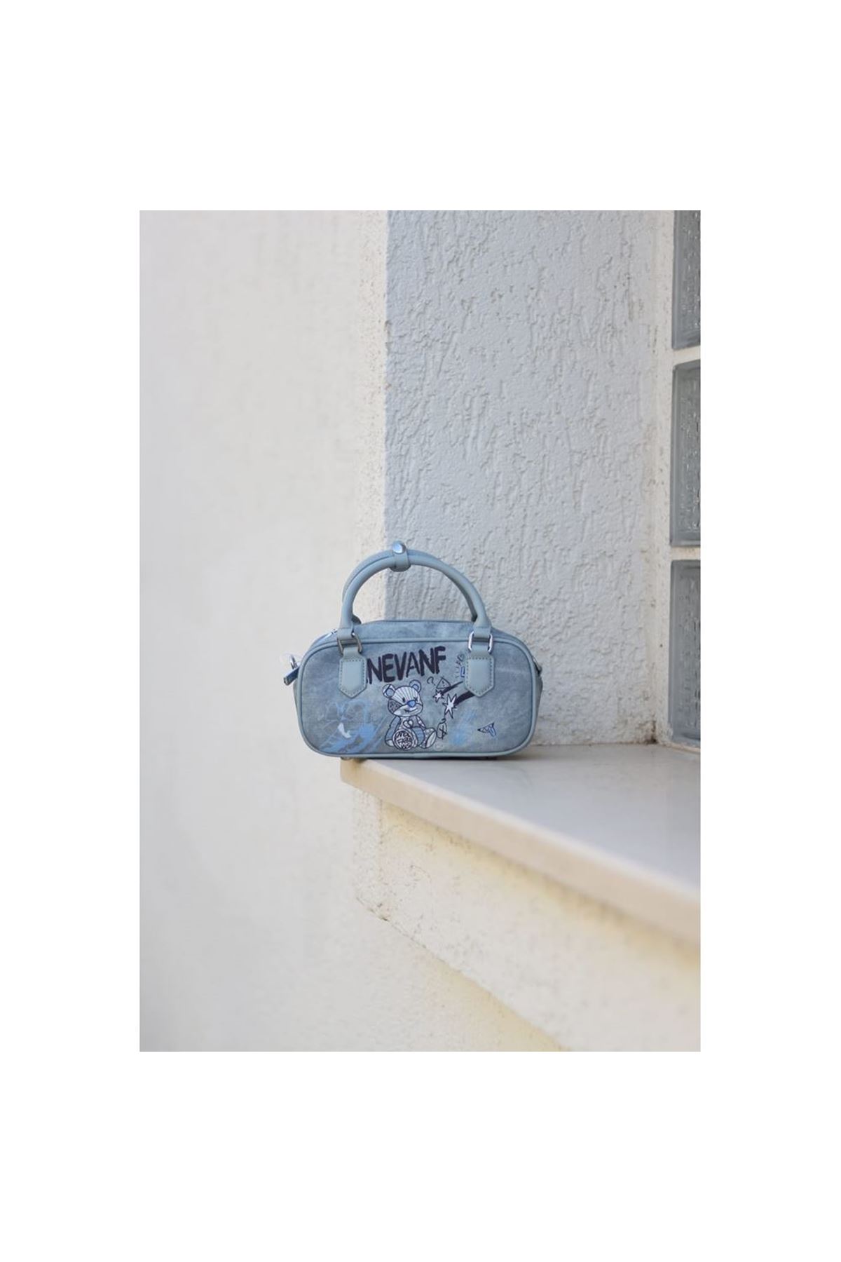 Kadın Mavi Kot Kumaş Özel Baskılı Çift Kulplu El &amp;amp; Omuz Çantası