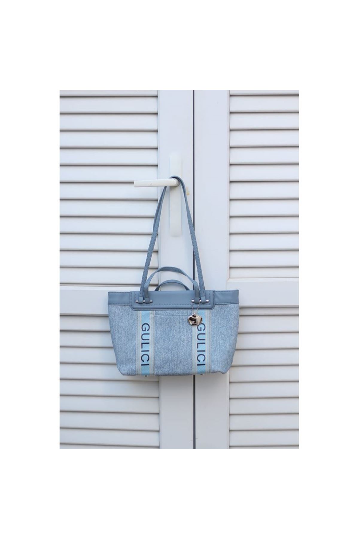Kadın Mavi Özel Mumlu Kot Kumaş Şerit Detaylı El &amp;amp; Omuz Çantası