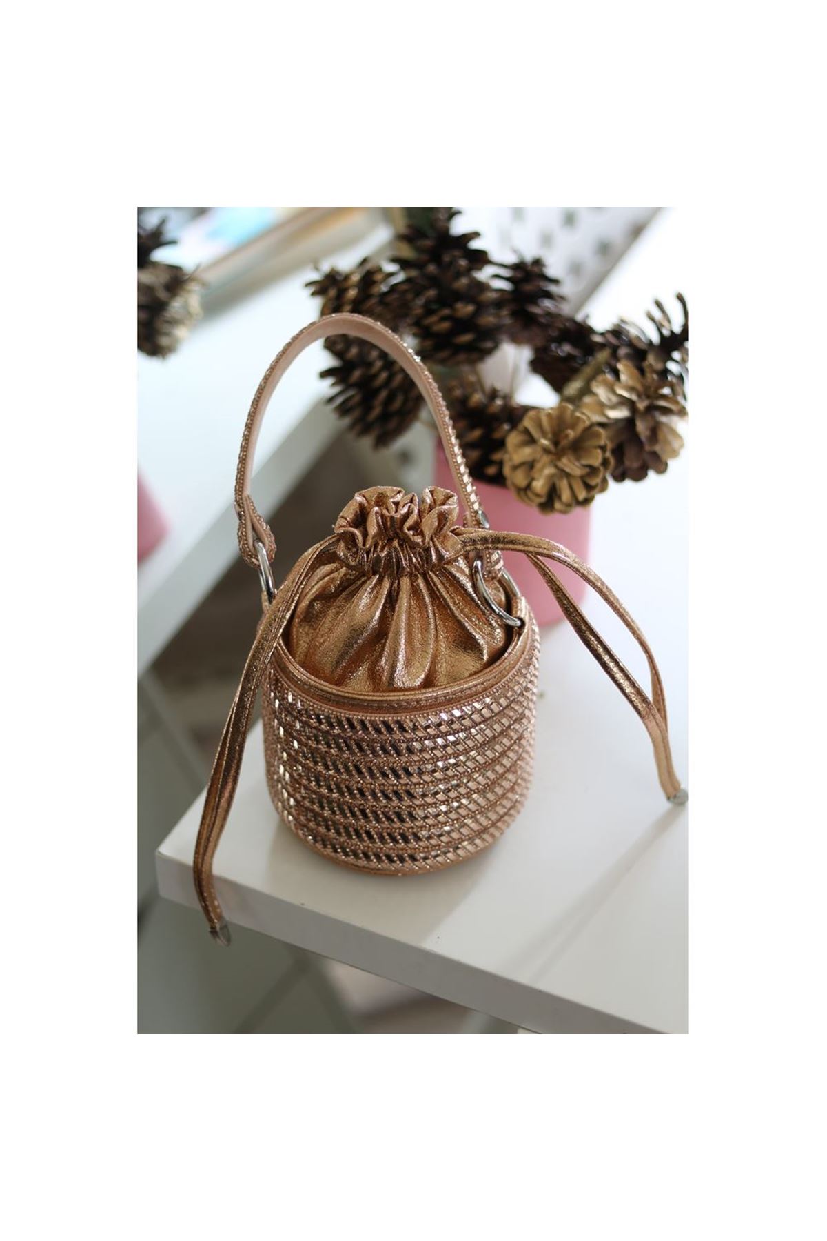 Kadın Rose Özel Form Çapraz Taş İşleme Abiye Çanta