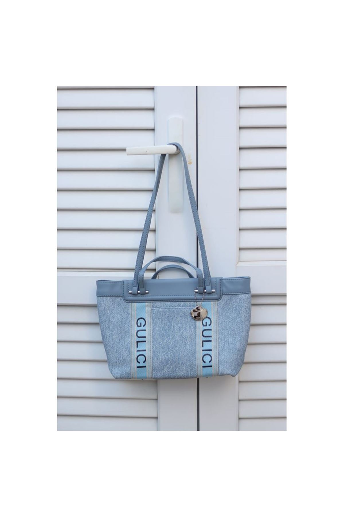 Kadın Mavi Özel Mumlu Kot Kumaş Şerit Detaylı El &amp;amp; Omuz Çantası