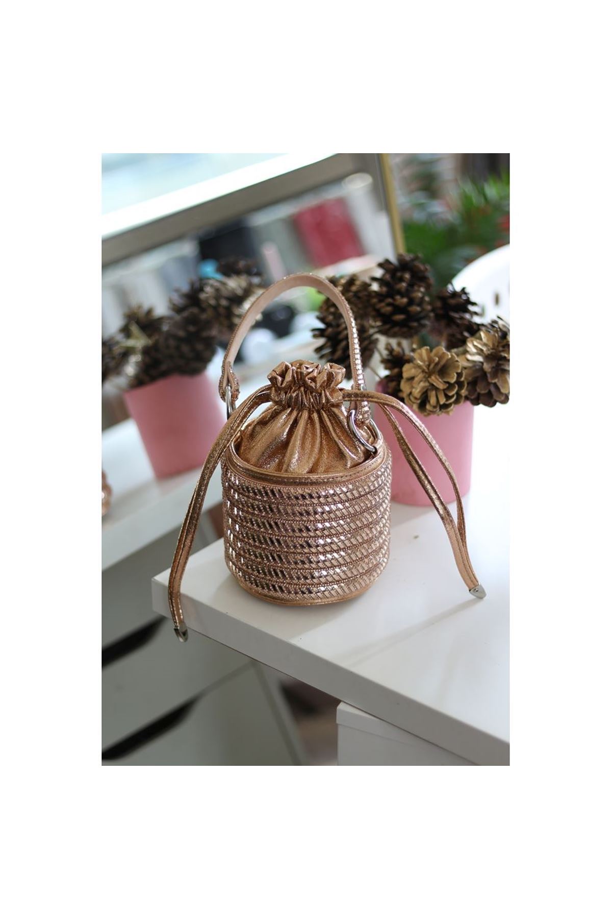 Kadın Rose Özel Form Çapraz Taş İşleme Abiye Çanta