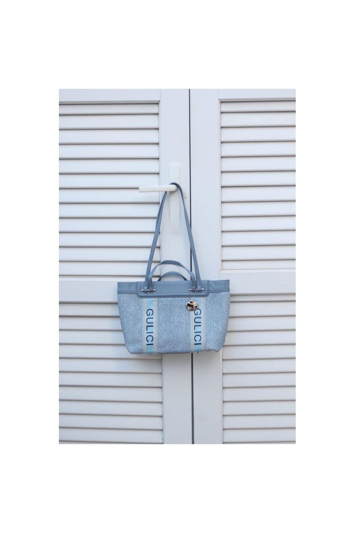 Kadın Mavi Özel Mumlu Kot Kumaş Şerit Detaylı El &amp;amp; Omuz Çantası
