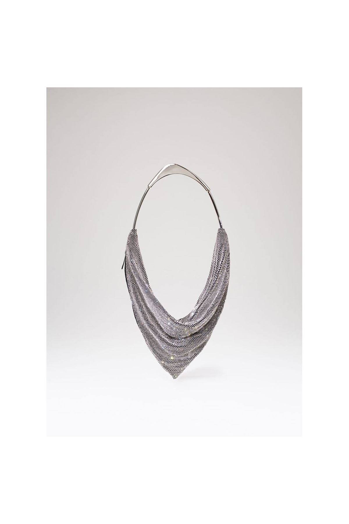 Kadın Silver Taş Dokuma Metal Tutma Sap Detaylı Abiye Çanta