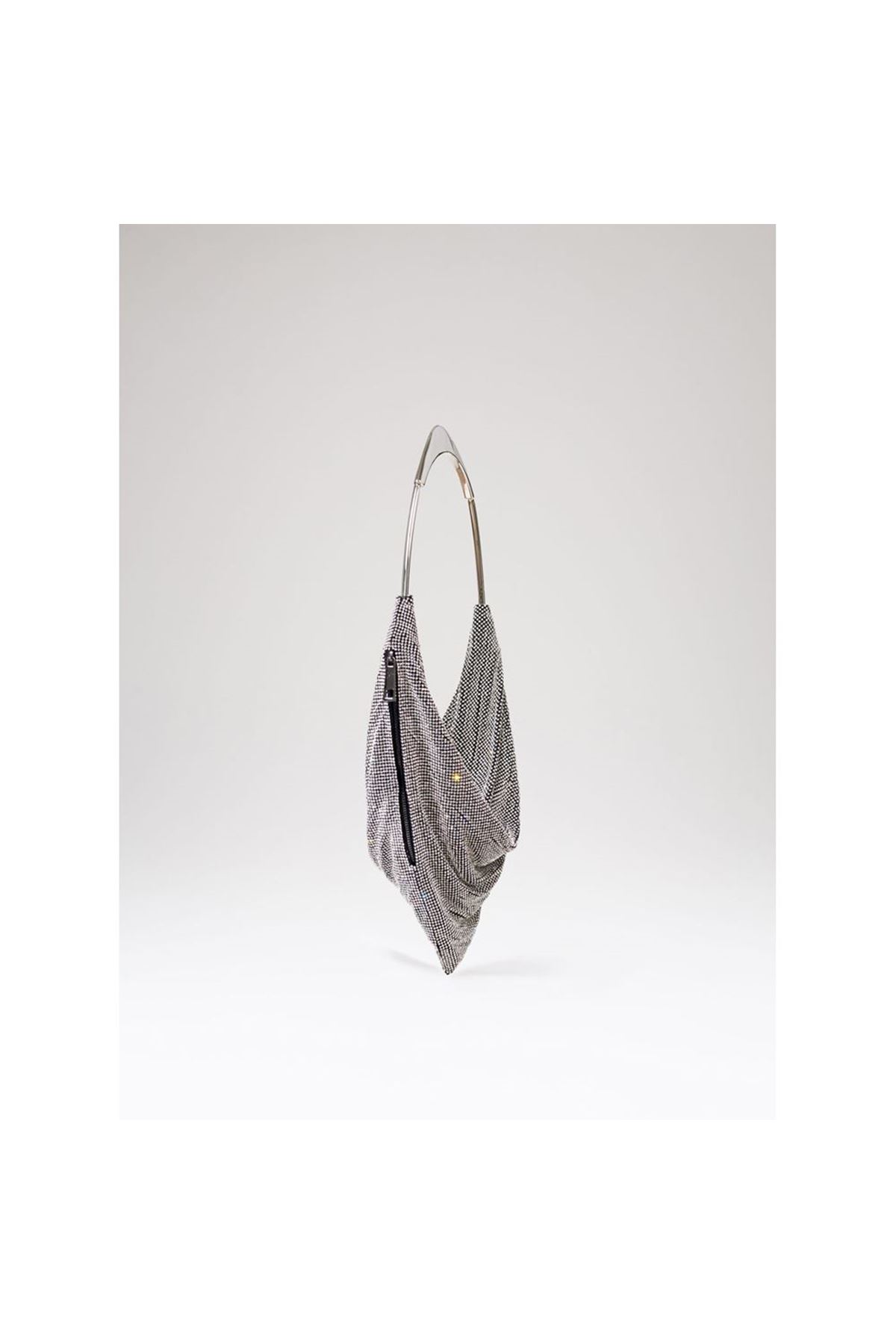 Kadın Silver Taş Dokuma Metal Tutma Sap Detaylı Abiye Çanta