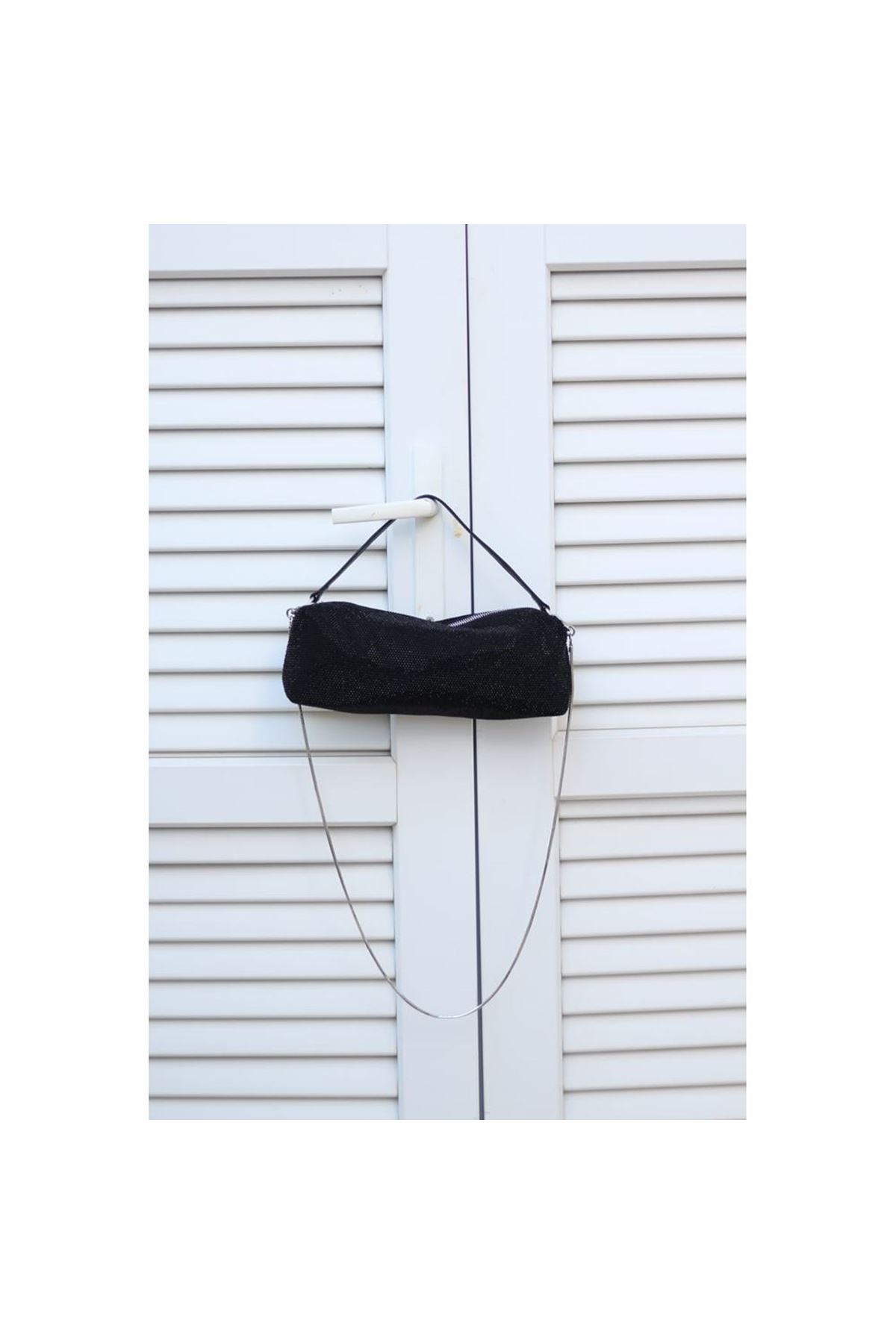 Kadın Siyah Kot Taş İşleme Silindir Form Omuz Çantası