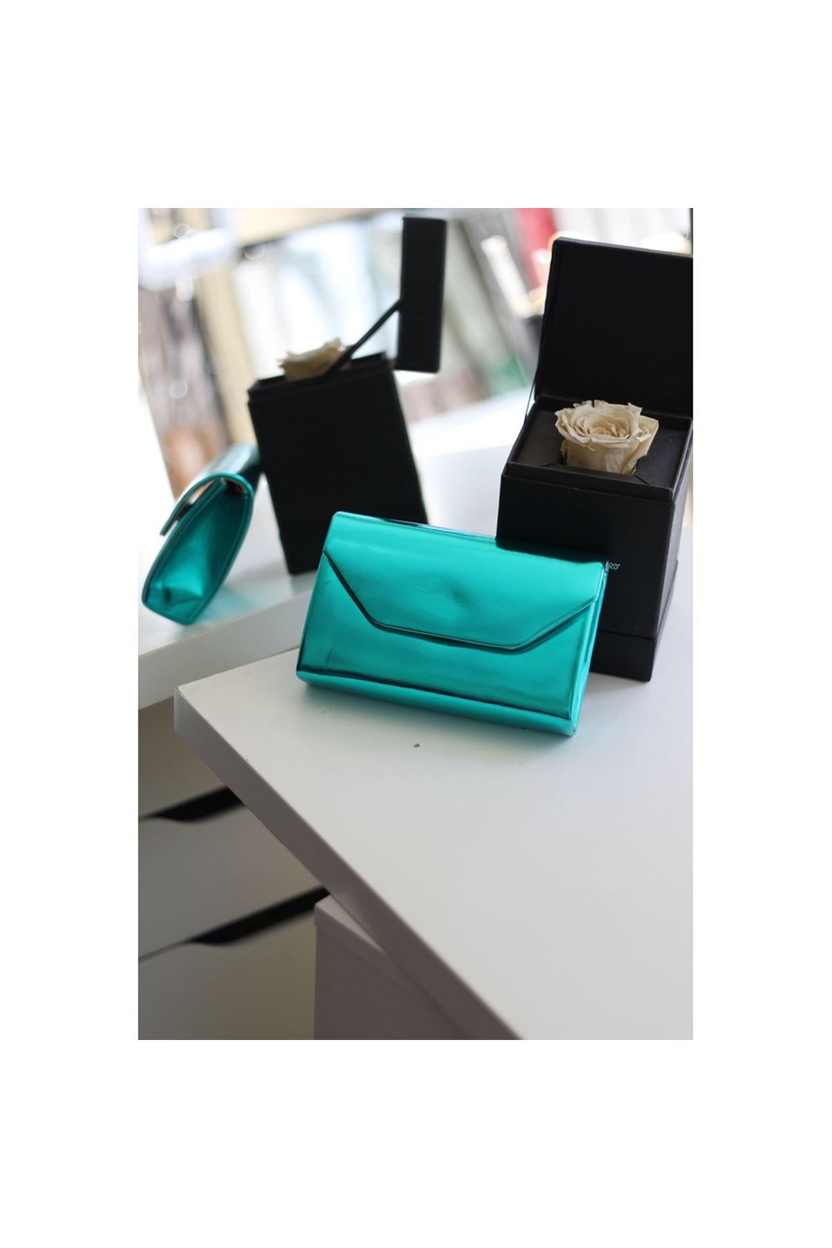 Kadın Turkuaz Parlak Mini Omuz Çantası