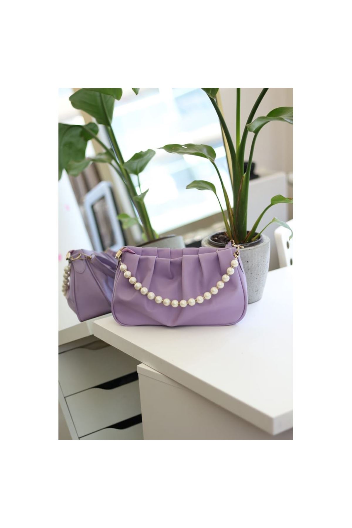 Kadın Lila İnci Detaylı Büzgülü  Omuz Çantası