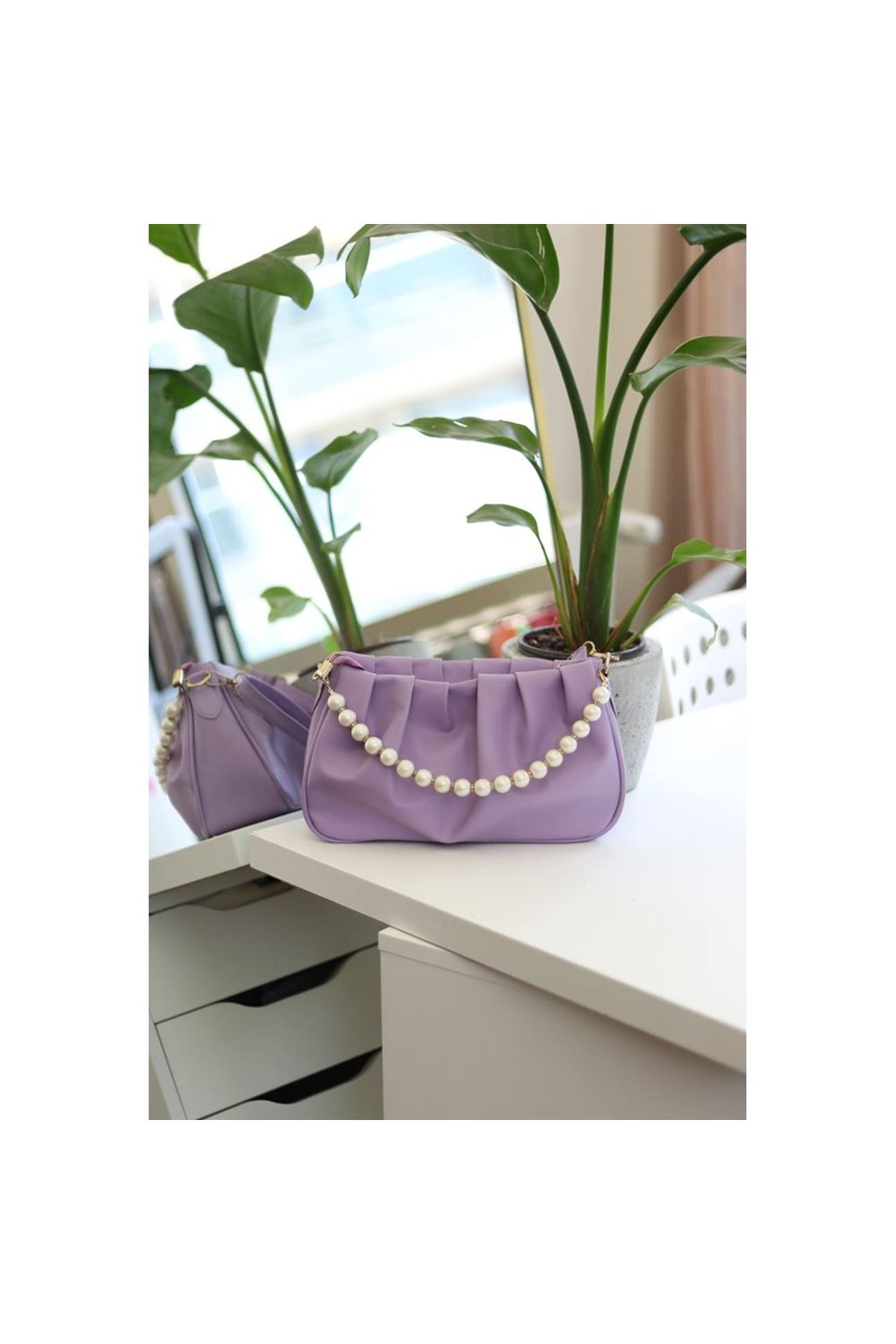 Kadın Lila İnci Detaylı Büzgülü  Omuz Çantası