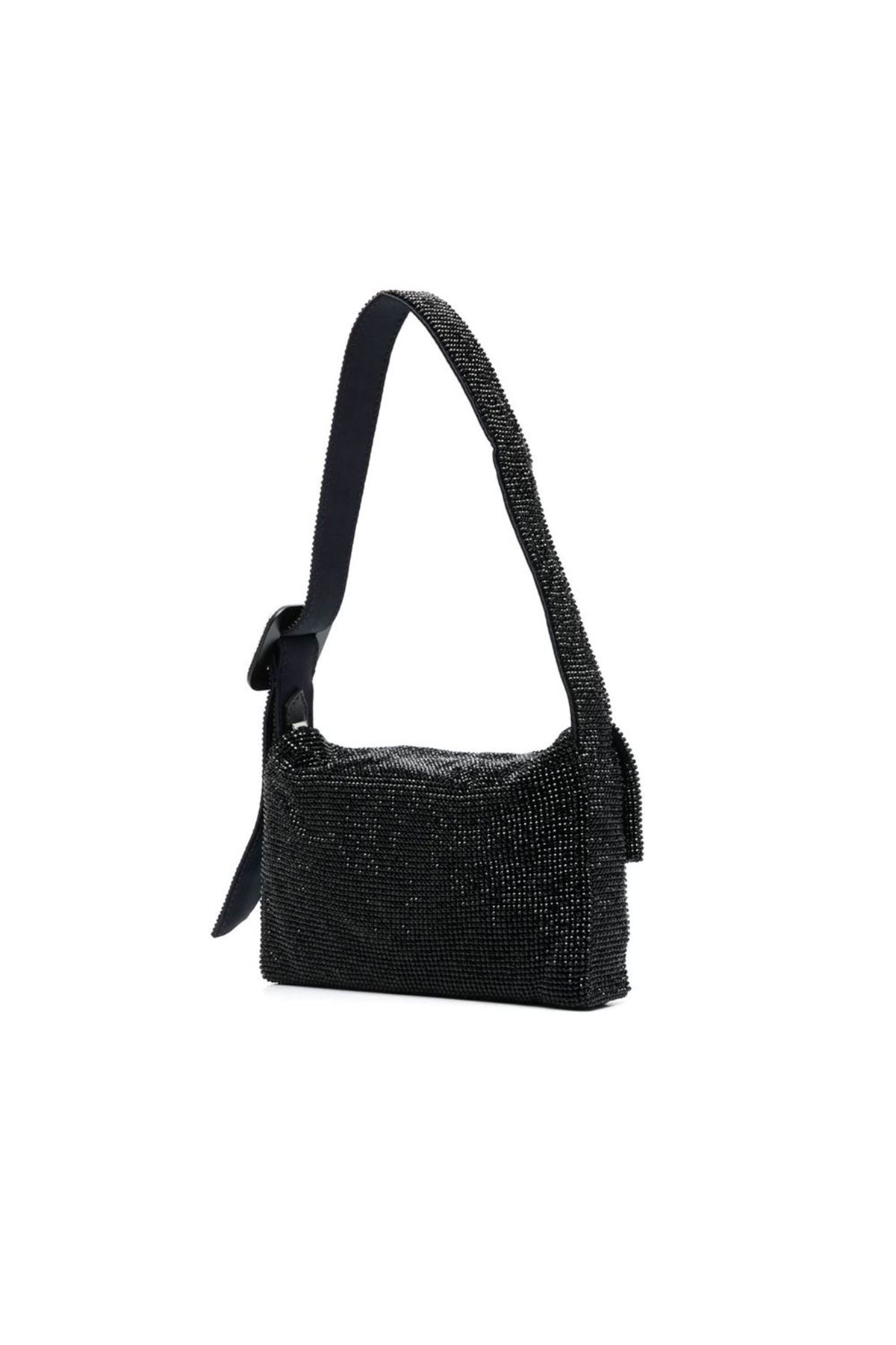 Kadın Siyah Toka Detaylı Taş Dokuma Omuz Çantası