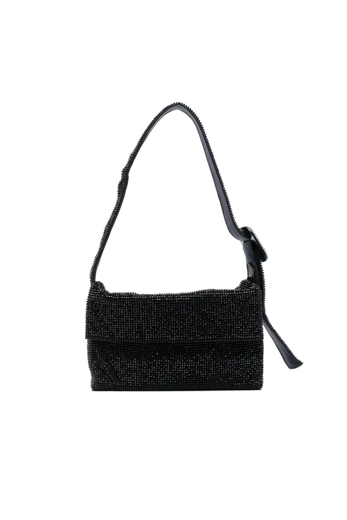 Kadın Siyah Toka Detaylı Taş Dokuma Omuz Çantası