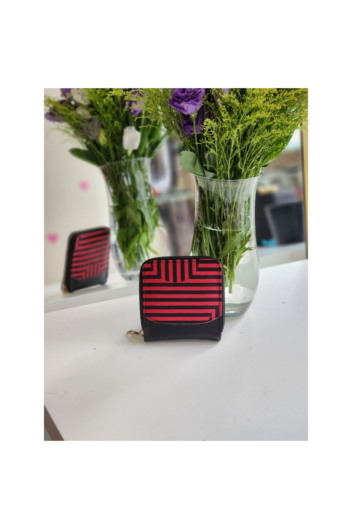 Kadın  Fuşya Çizgi Desenli Mini Cüzdan