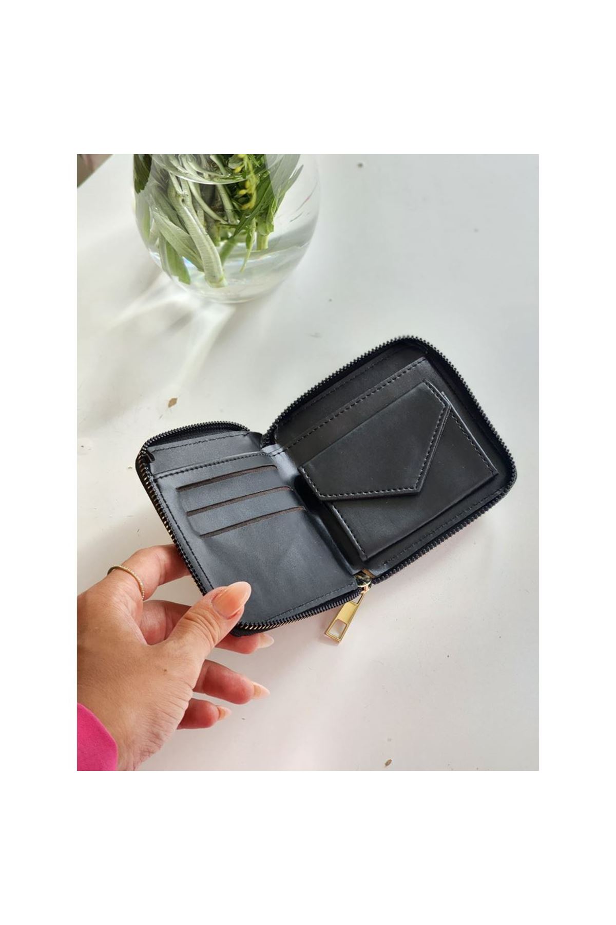 Kadın  Fuşya Çizgi Desenli Mini Cüzdan