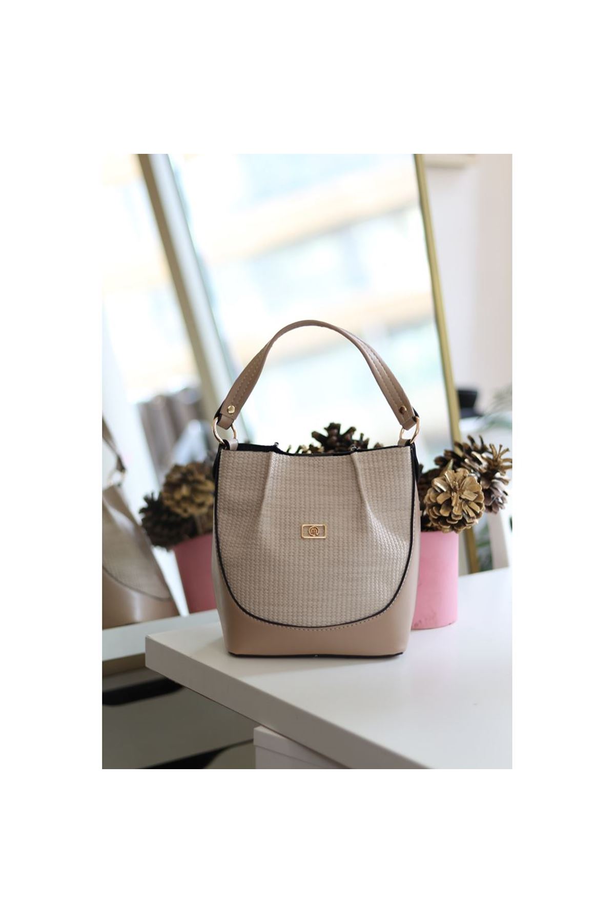 Kadın Vizon Dokulu Büzgü Detay El &amp;amp; Omuz Çantası