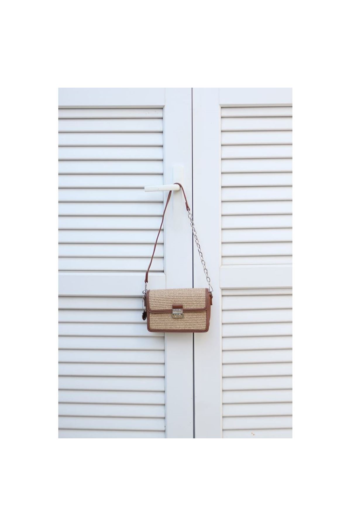 Kadın Camel Hasır Doku Zincir Detaylı El Çantası