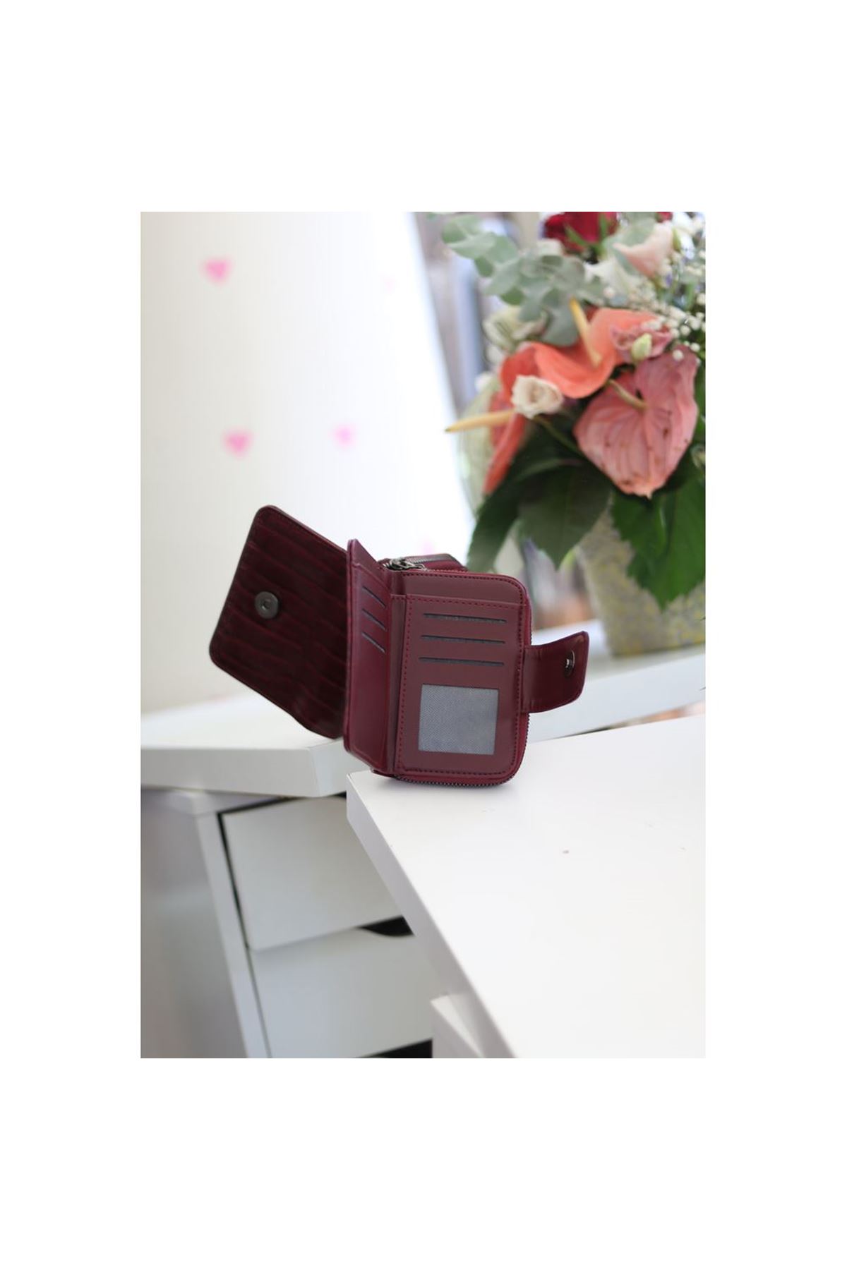 Kadın Bordo Kroko Doku Mini Boy Cüzdan