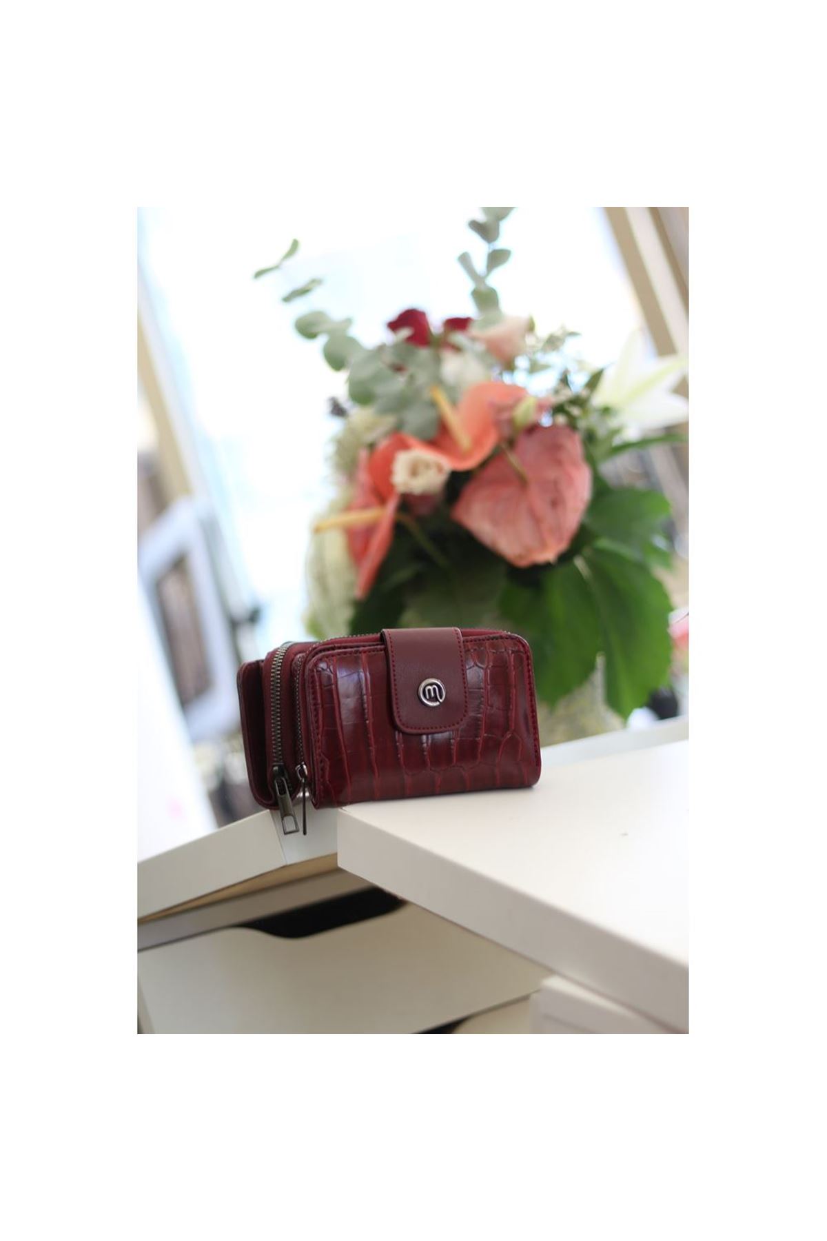 Kadın Bordo Kroko Doku Mini Boy Cüzdan
