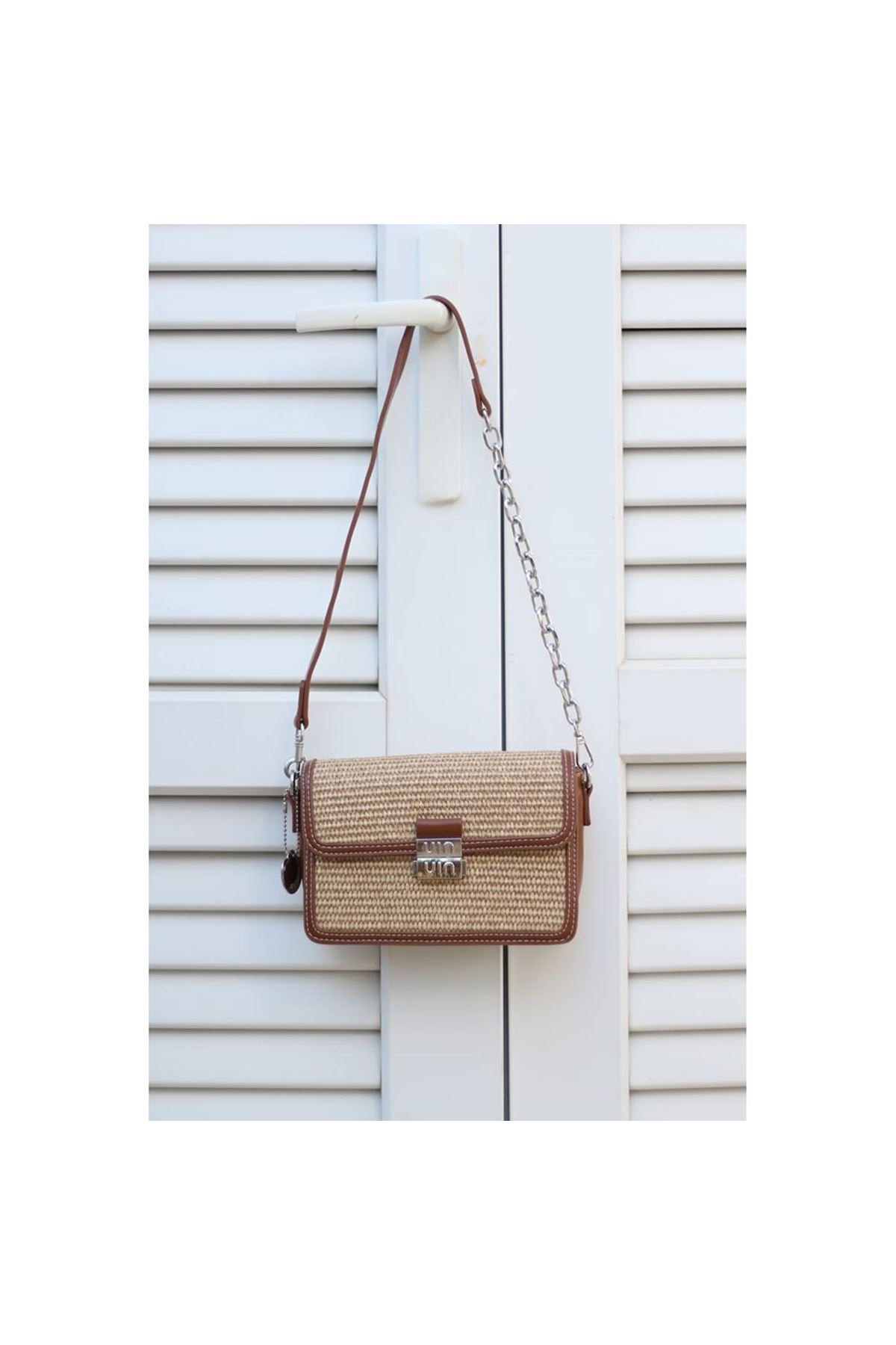 Kadın Camel Hasır Doku Zincir Detaylı El Çantası