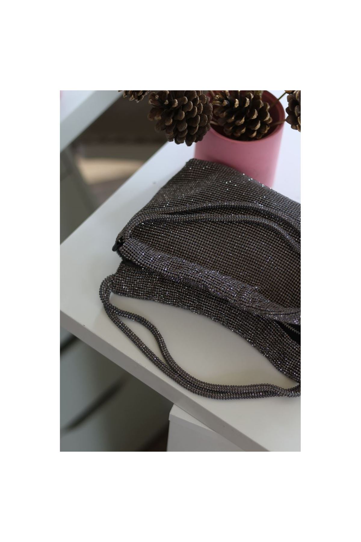 Kadın Platin Çift Kulp Tutmalı Taş İşleme Abiye Çanta