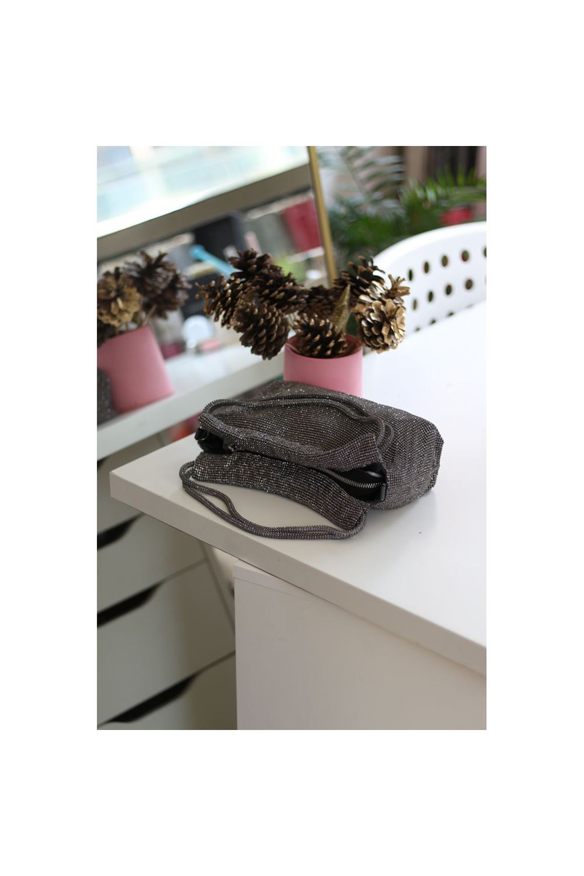 Kadın Platin Çift Kulp Tutmalı Taş İşleme Abiye Çanta