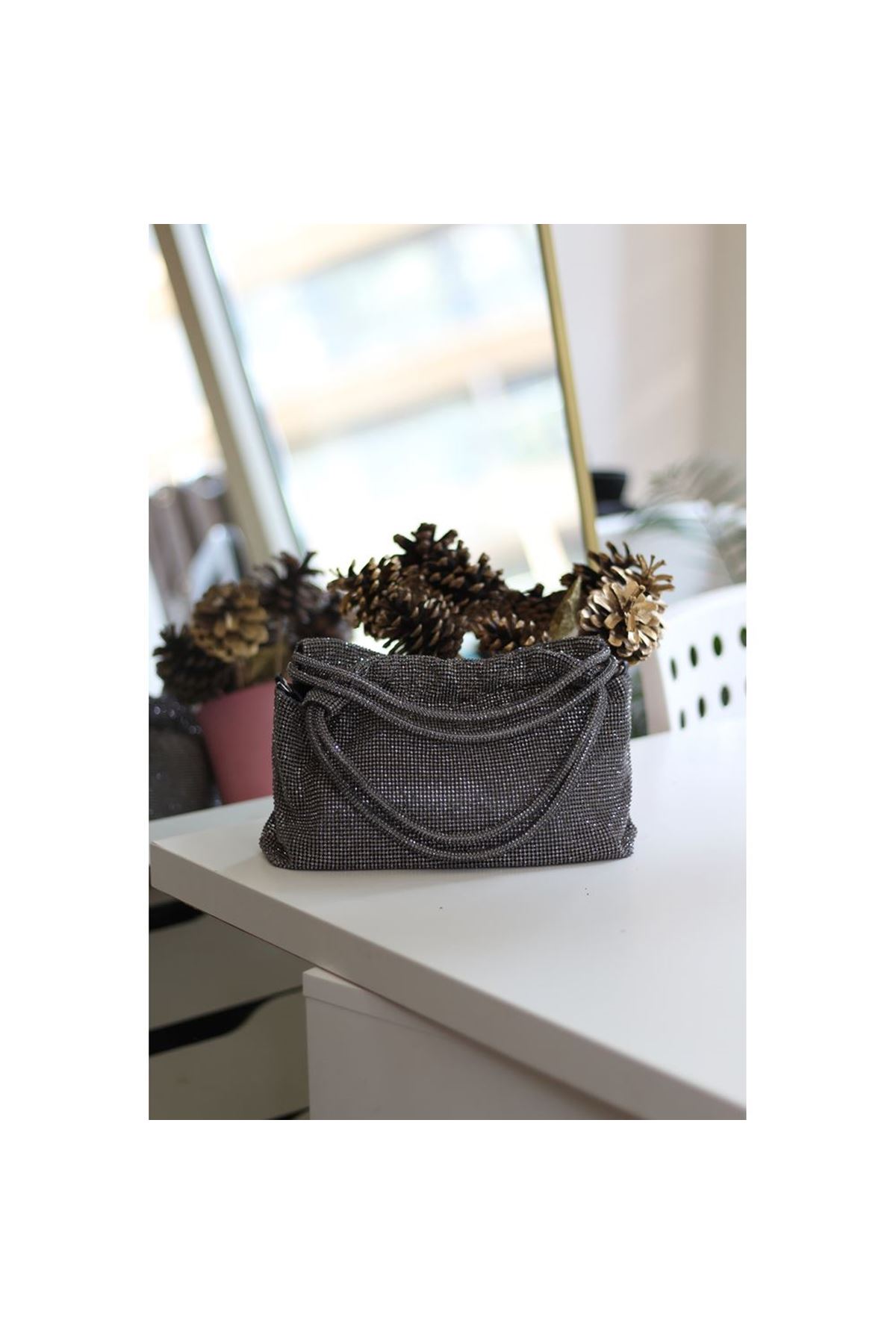 Kadın Platin Çift Kulp Tutmalı Taş İşleme Abiye Çanta