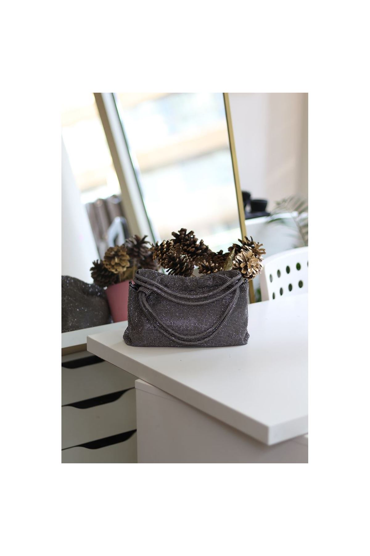 Kadın Platin Çift Kulp Tutmalı Taş İşleme Abiye Çanta