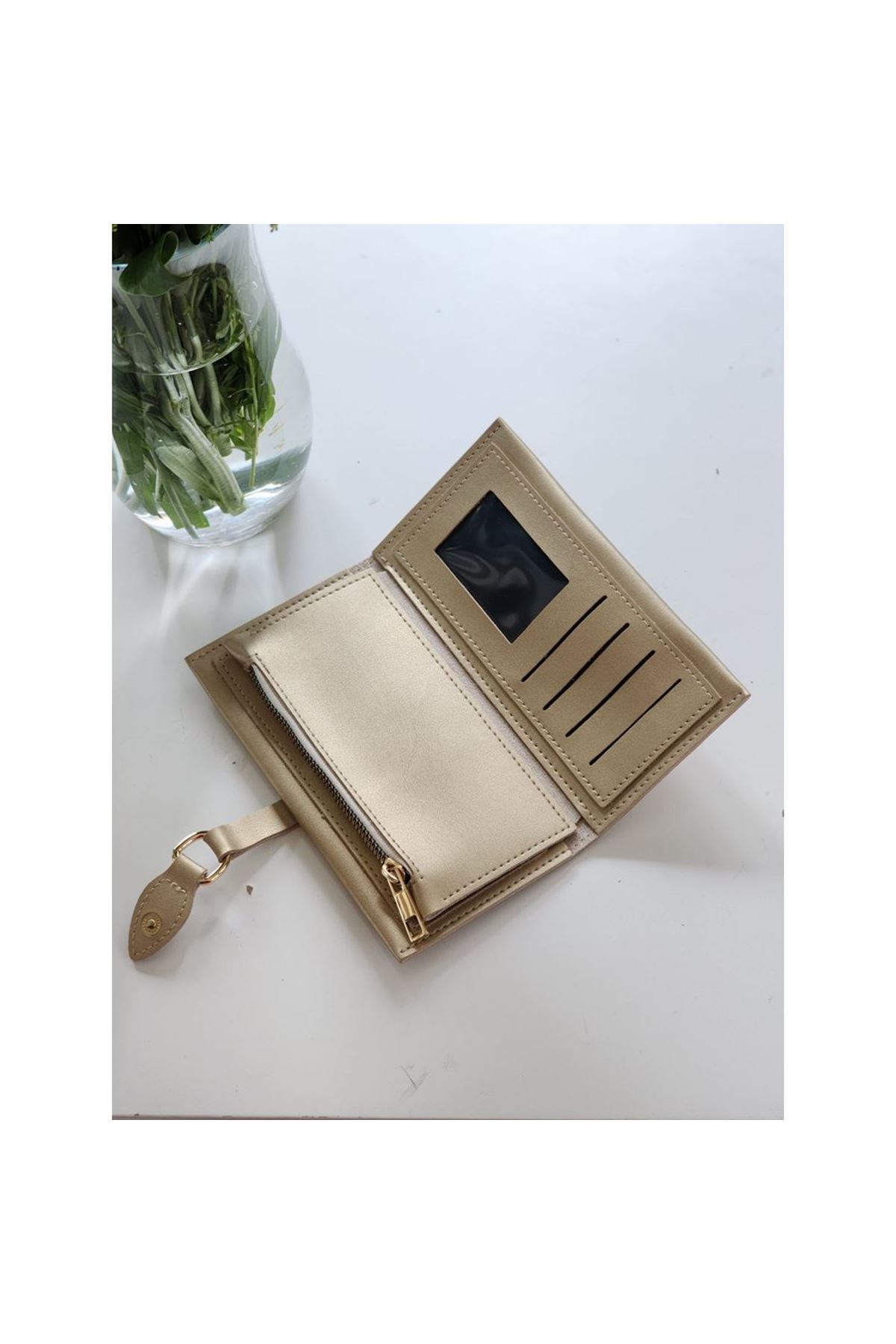 Kadın Gold Dokulu Toka Detaylı Cüzdan