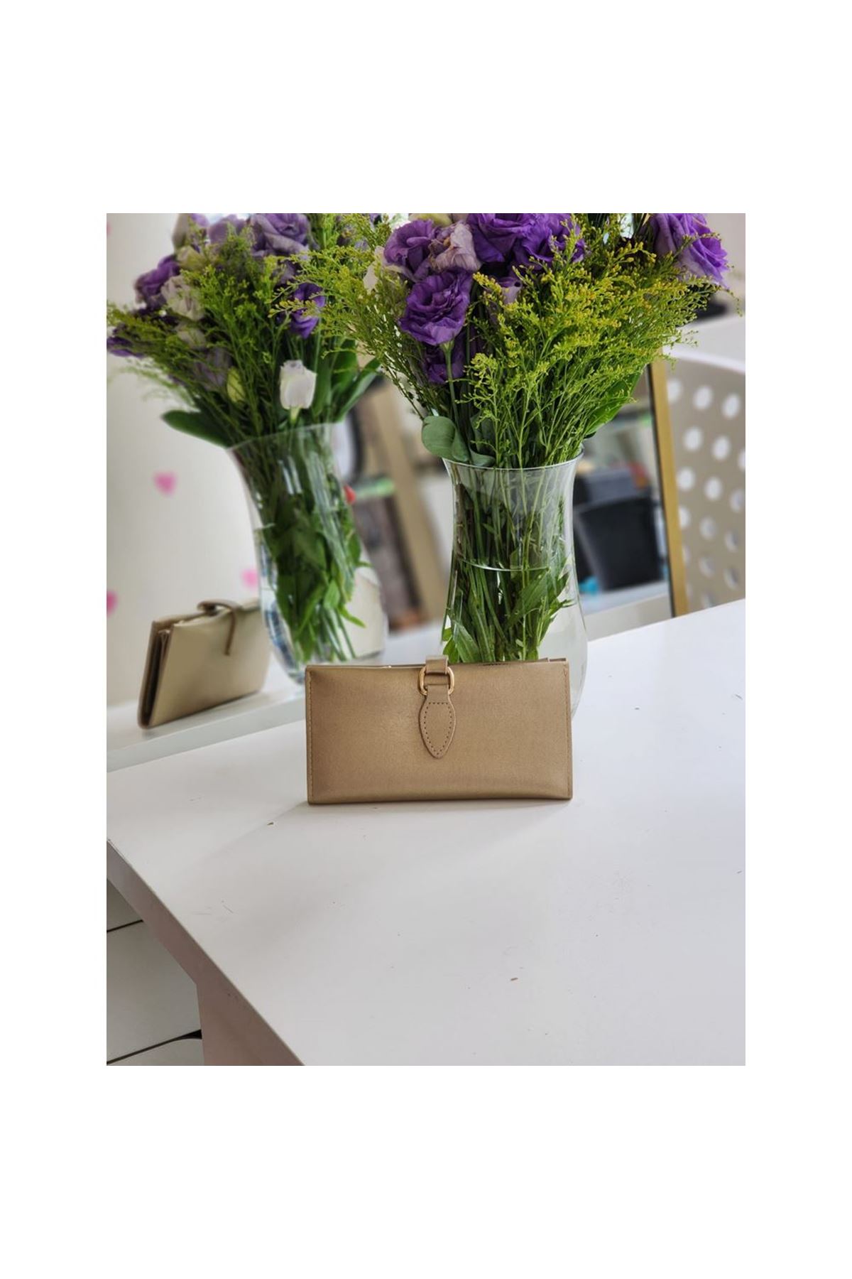 Kadın Gold Dokulu Toka Detaylı Cüzdan