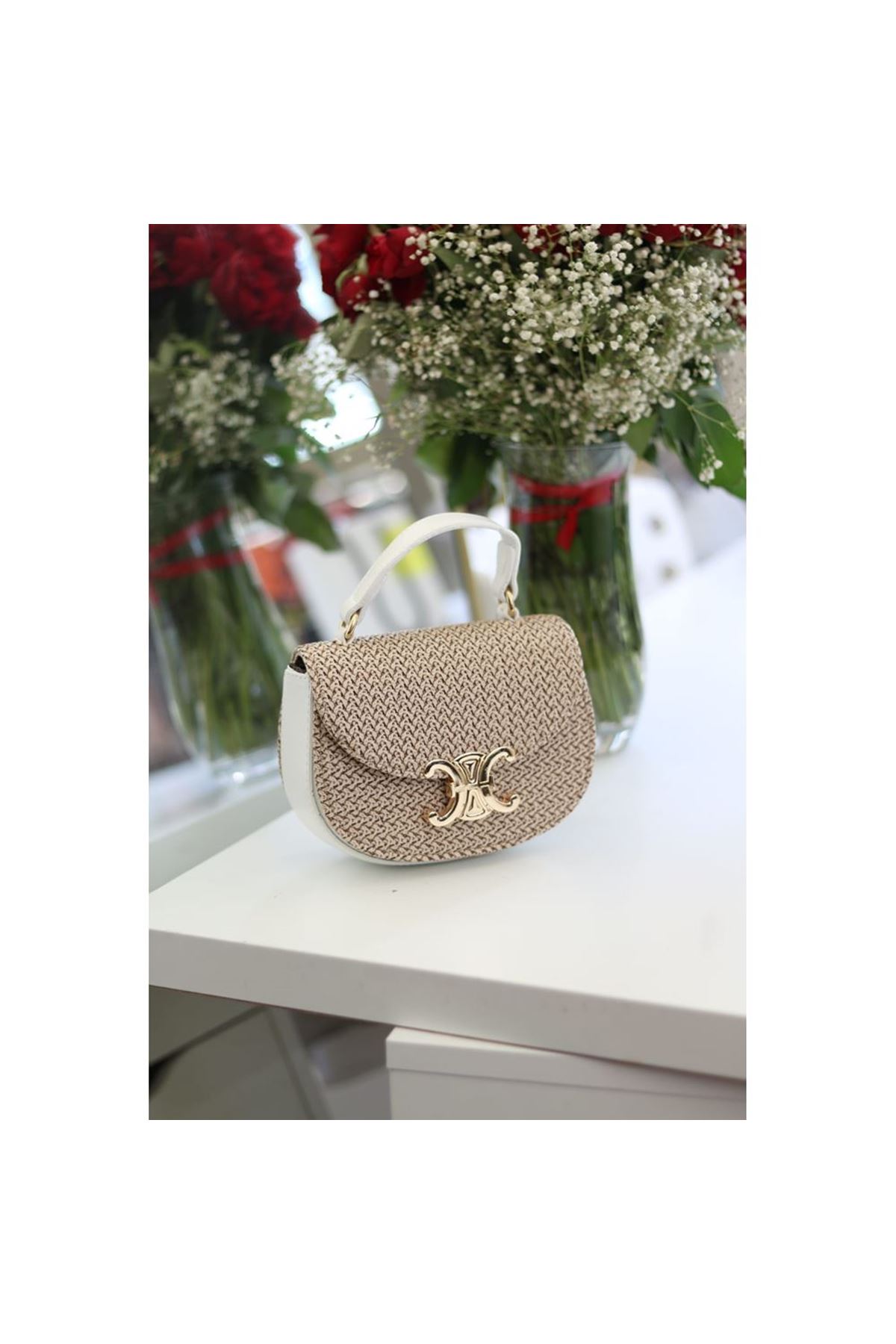 Kadın Beyaz İşleme Desenli Gold Toka Detaylı Mini El &amp;amp; Omuz Çantası