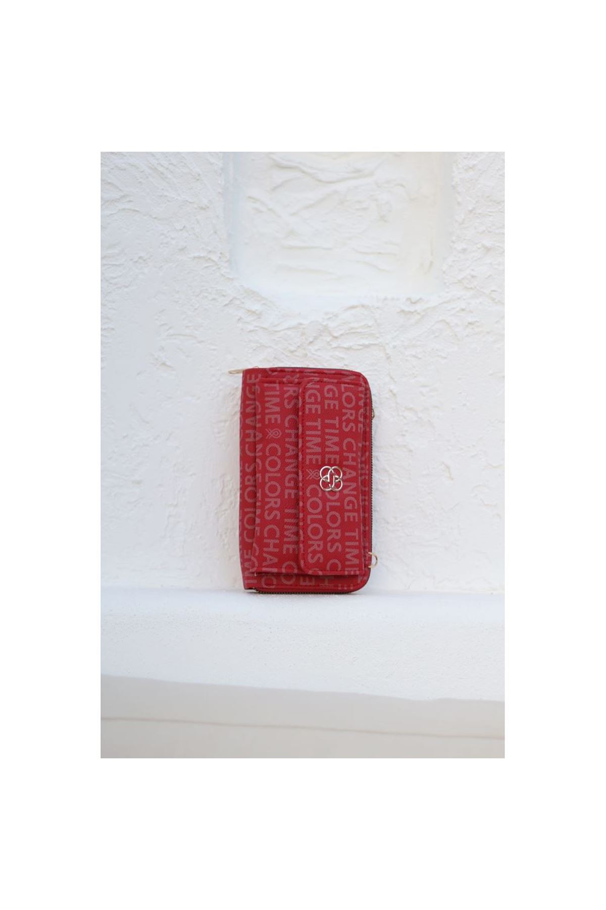 Kadın Kırmızı Telefon Bölmeli Yatay Çapraz Askılı Cüzdan Çanta