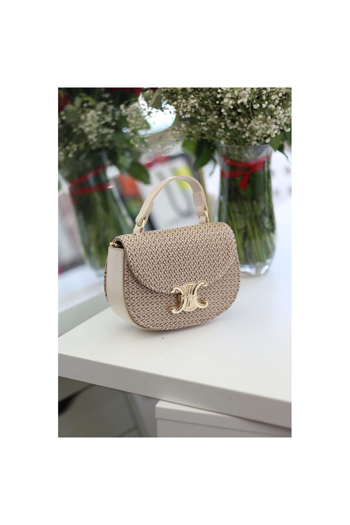 Kadın Krem İşleme Desenli Gold Toka Detaylı Mini El &amp;amp; Omuz Çantası