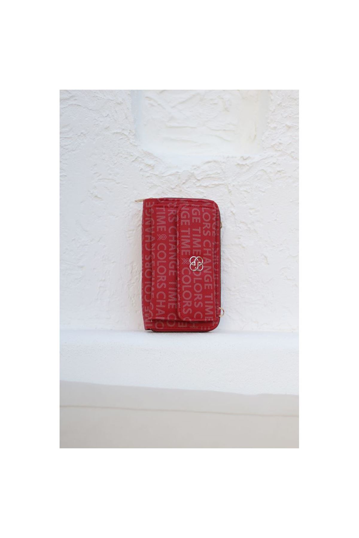 Kadın Kırmızı Telefon Bölmeli Yatay Çapraz Askılı Cüzdan Çanta