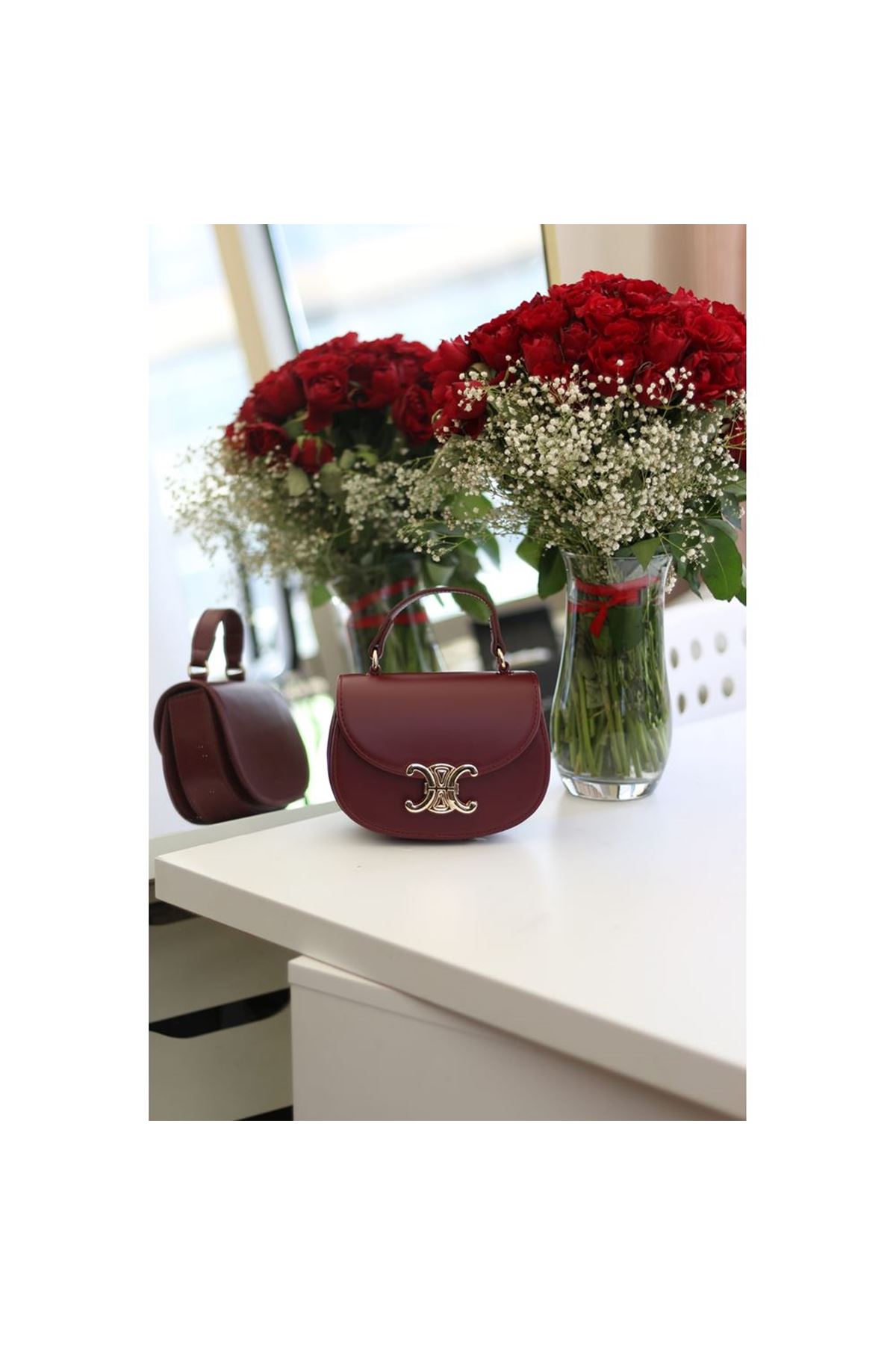 Kadın Bordo Kanca Gold Toka Detaylı Mini El &amp;amp; Omuz Çantası