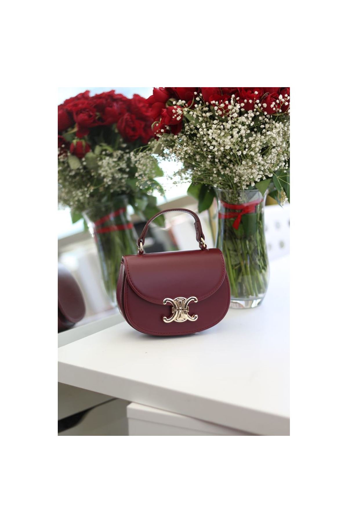 Kadın Bordo Kanca Gold Toka Detaylı Mini El &amp;amp; Omuz Çantası