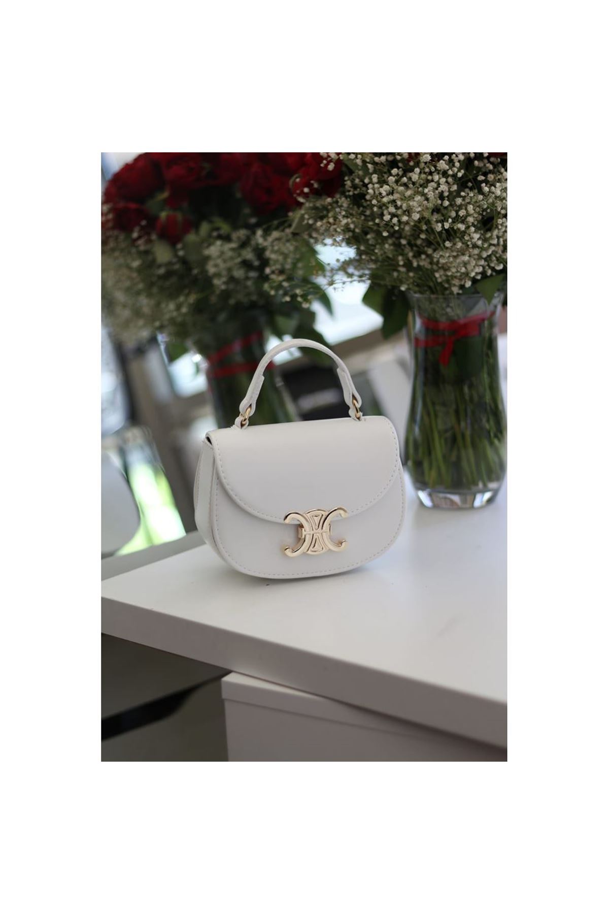 Kadın Beyaz Kanca Gold Toka Detaylı Mini El &amp;amp; Omuz Çantası